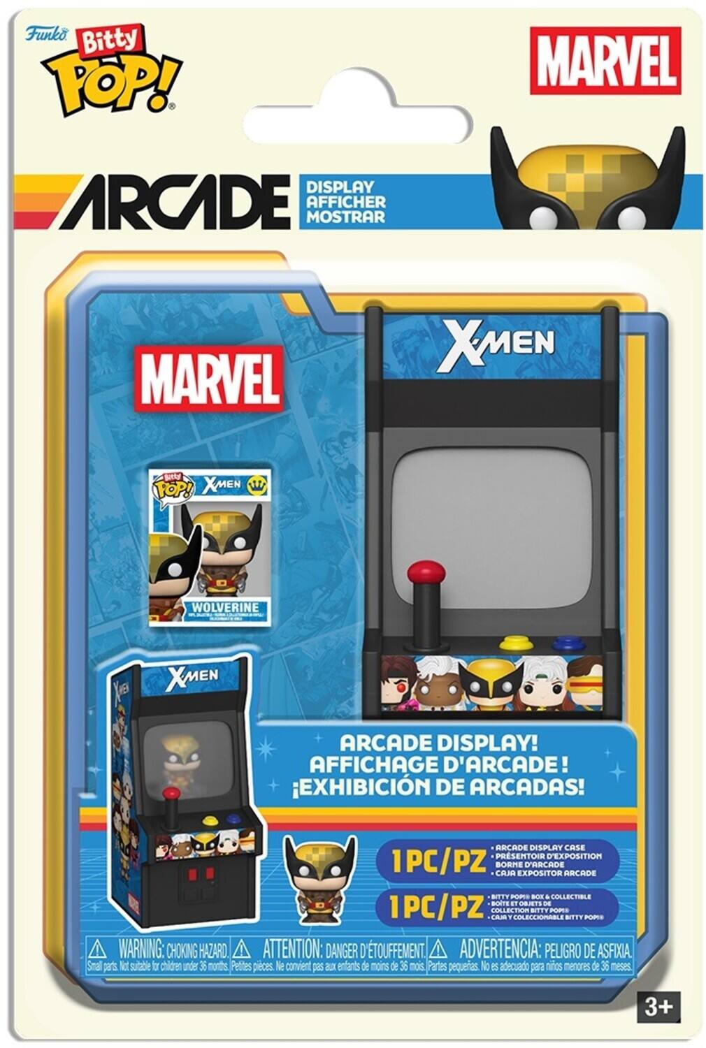 Funko Bitty POP! Arcade Display  
Marvel X-Men  
Arcade Display!  
Affichage d'Arcade!  
Exhibición de Arcadas!  
Arcade Display Case  
1PC/PZ  
Borne d'Exposition  
Caja Expositor Arcade  
Bitty Pop Arcade Box & Collectible  
Boite Étui de Collection  
Coleccionable Bitty Pop  
Warning: Choking Hazard.  
Attention: Danger d'Étouffement.  
Advertencia: Peligro de Asfixia.  
Small parts. Not suitable for children under 36 months.  
Petites pièces. Ne convient pas aux enfants de moins de 36 mois.  
Partes pequeñas. No es adecuado para niños menores de 36 meses.  
3+