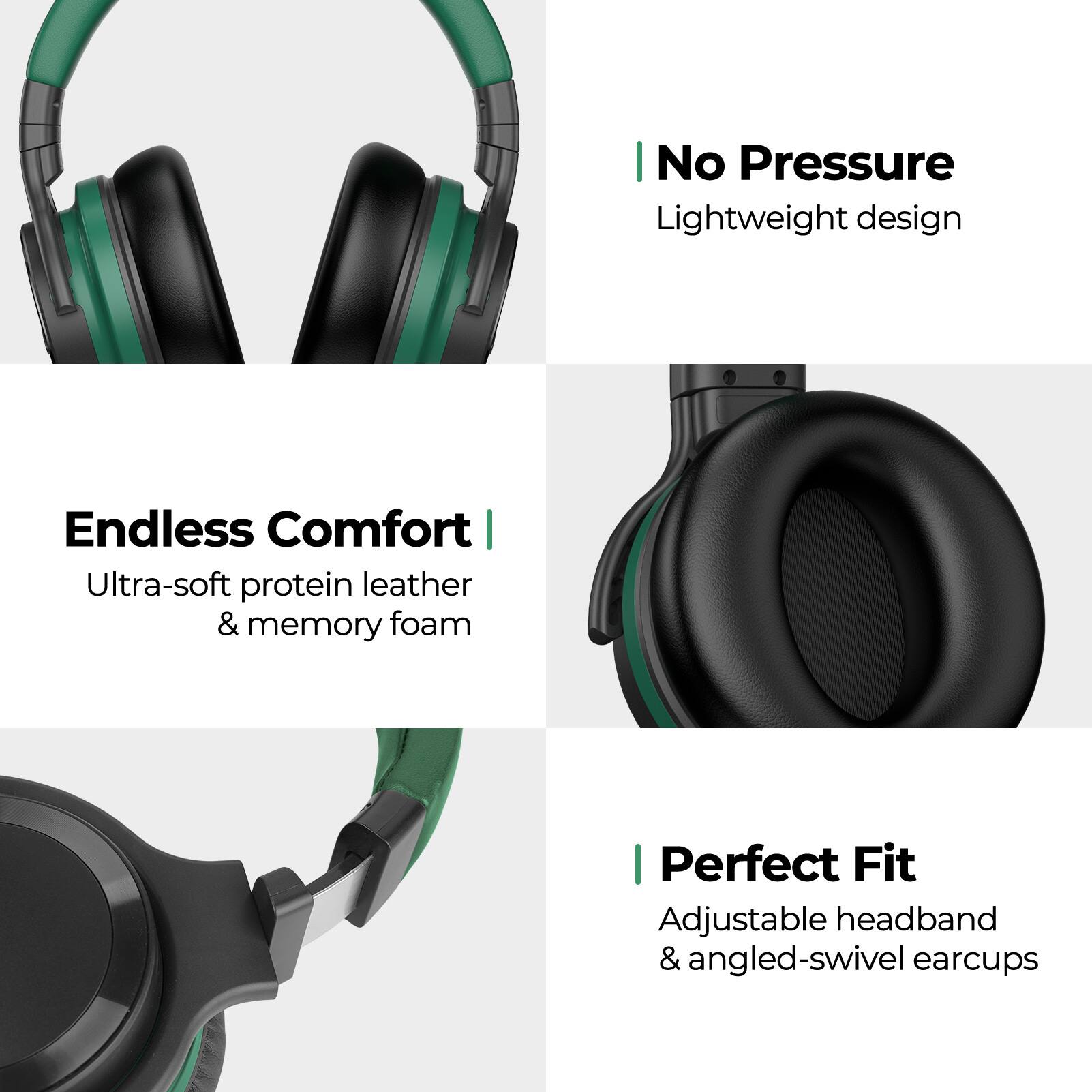 - No Pressure  
  Lightweight design

- Endless Comfort  
  Ultra-soft protein leather & memory foam

- Perfect Fit  
  Adjustable headband & angled-swivel earcups