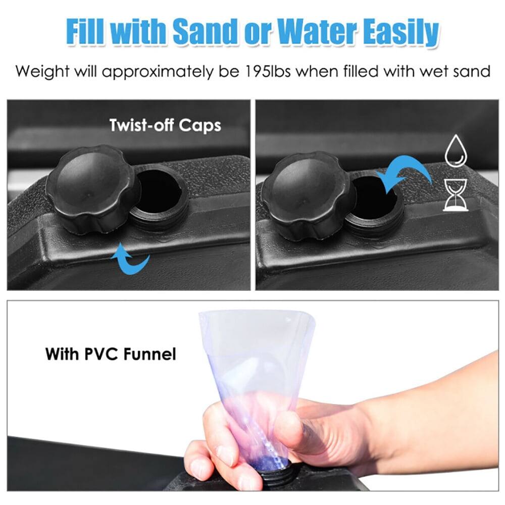 Fill with Sand or Water Easily  
Weight will approximately be 195lbs when filled with wet sand  

Twist-off Caps  

With PVC Funnel