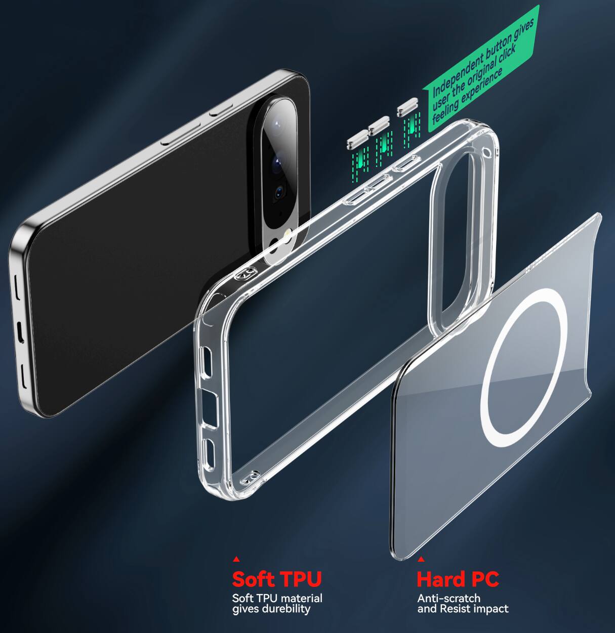 - Independent button gives the original click user the feeling experience
- Soft TPU material gives durability
- Hard PC Anti-scratch and Resist impact