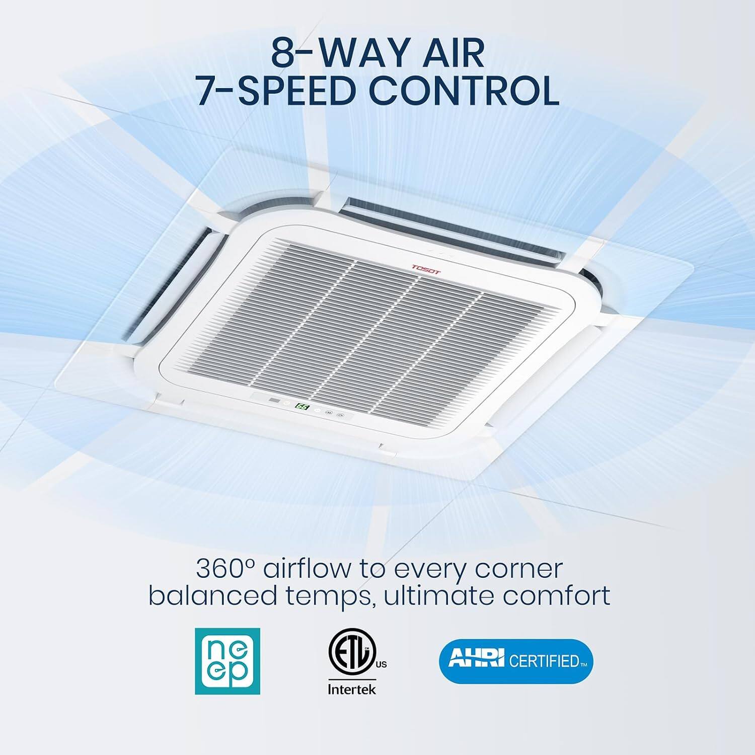 8-WAY AIR 7-SPEED CONTROL

TOSOT

360° airflow to every corner balanced temps, ultimate comfort

AHRI US CERTIFIED

Intertek