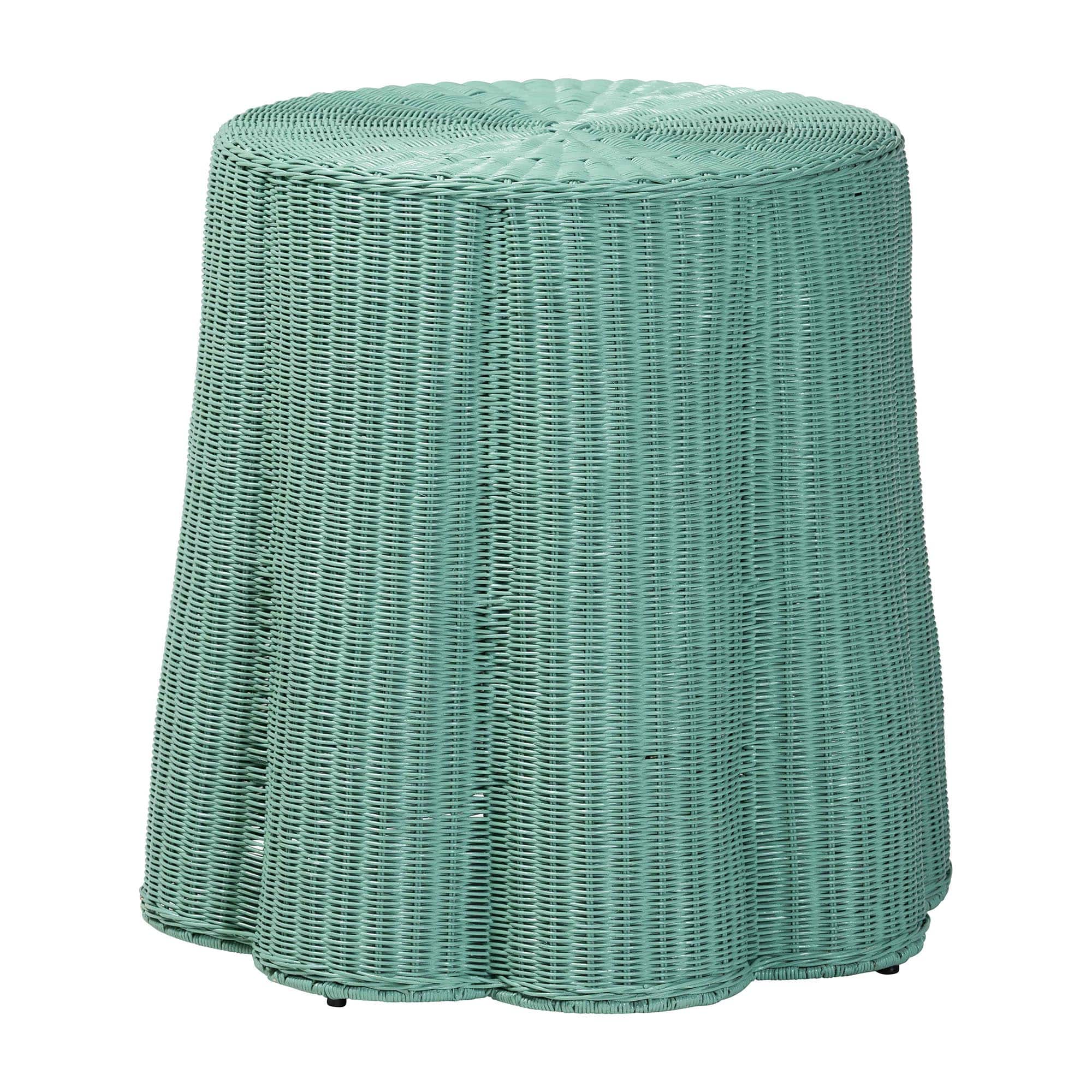 bali & pari - Palm Scallop Rattan Console Table – Handwoven Wicker Round Accent Table Green - Teal Green