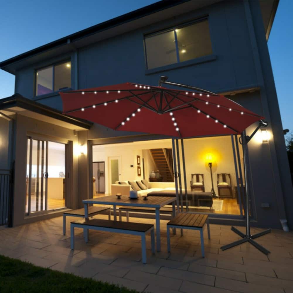 Mondawe - 10 Feet Solar Powered LED Patio Offset Umbrella 360° Rotation (Base not includ) - Dark Red