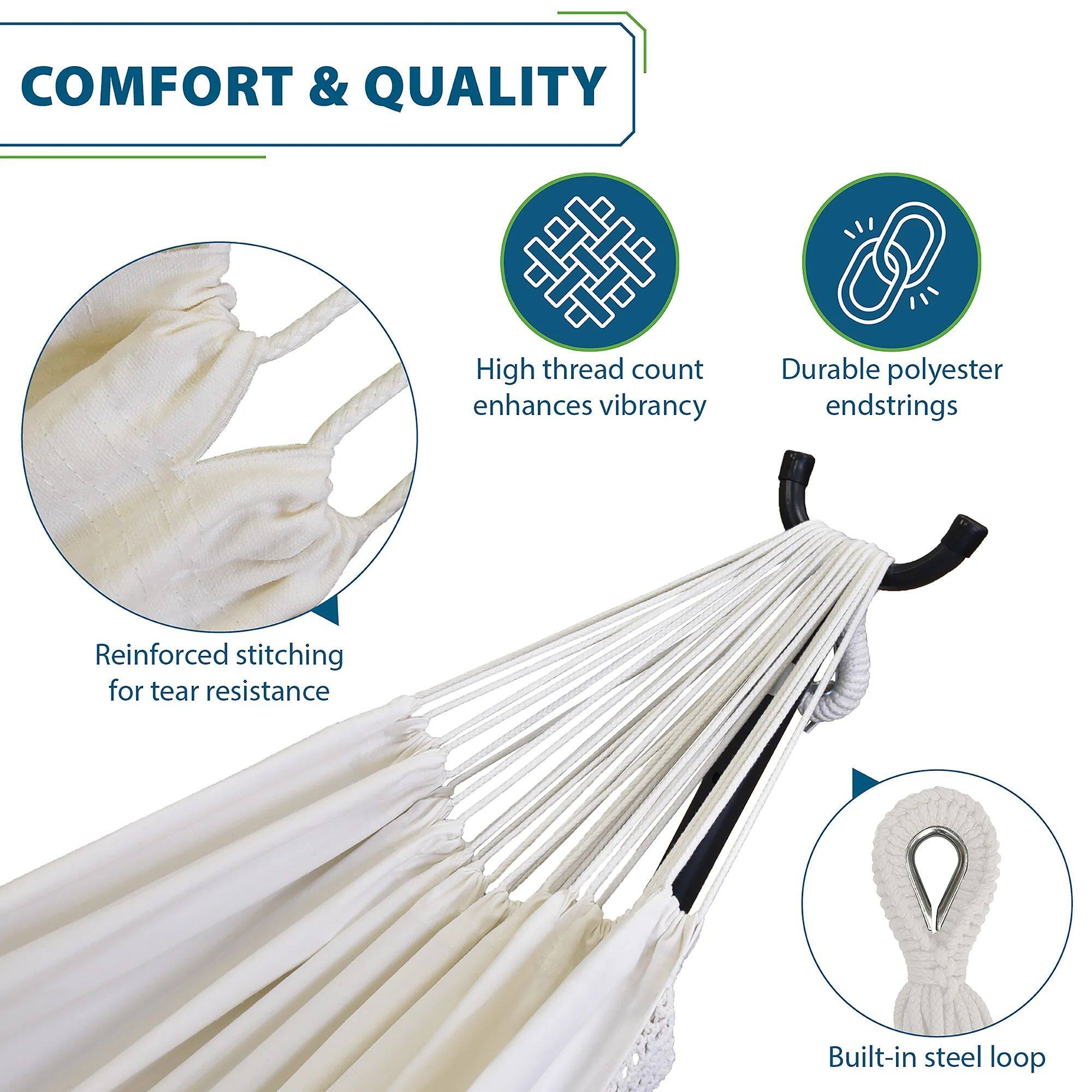 COMFORT & QUALITY

- High thread count enhances vibrancy
- Durable polyester endstrings
- Reinforced stitching for tear resistance
- Built-in steel loop