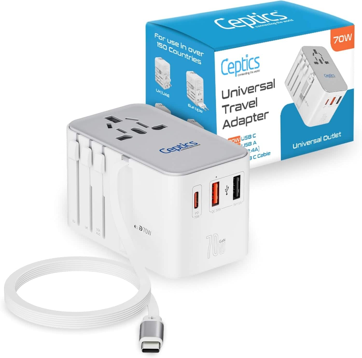 Ceptics - GAN 70W Universal Travel Adapter with 65cm Retractable USB-C Cable, 2X USB-A (1x QC 3.0) - White price history on PriceWatchPro