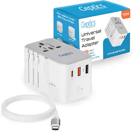 CepTics
Universal Travel Adapter
70W
For use in over 150 countries
Universal Outlet
USB C (5V-2A)
3 Cable
70W
GaN