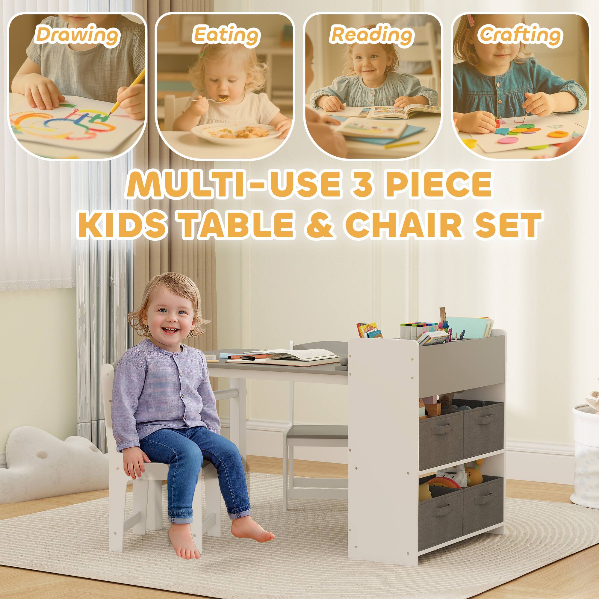 Drawing  
Eating  
Reading  
Crafting  

MULTI-USE 3 PIECE KIDS TABLE & CHAIR SET