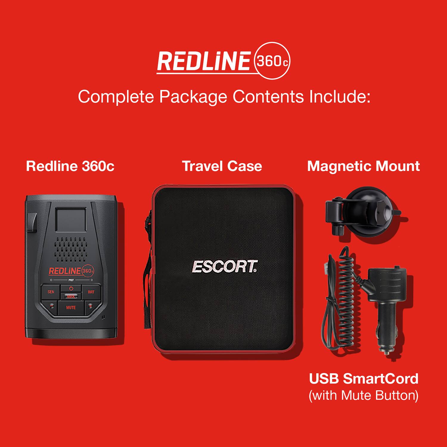 REDLINE 360c Complete Package Contents Include:  
- Redline 360c  
- Travel Case  
- Magnetic Mount  
- USB SmartCord (with Mute Button)