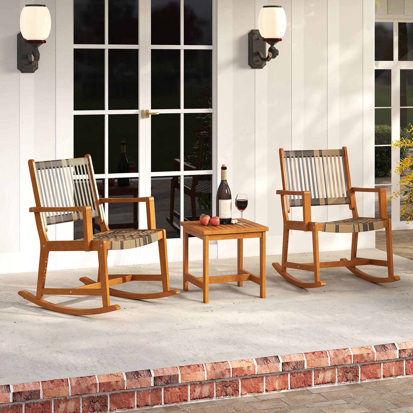 Alt View 1. Gymax - Gymax 3 Pieces Rocking Bistro Set PE Rattan Front Porch Chairs w/ Coffee Table - Mix Brown, Gray.