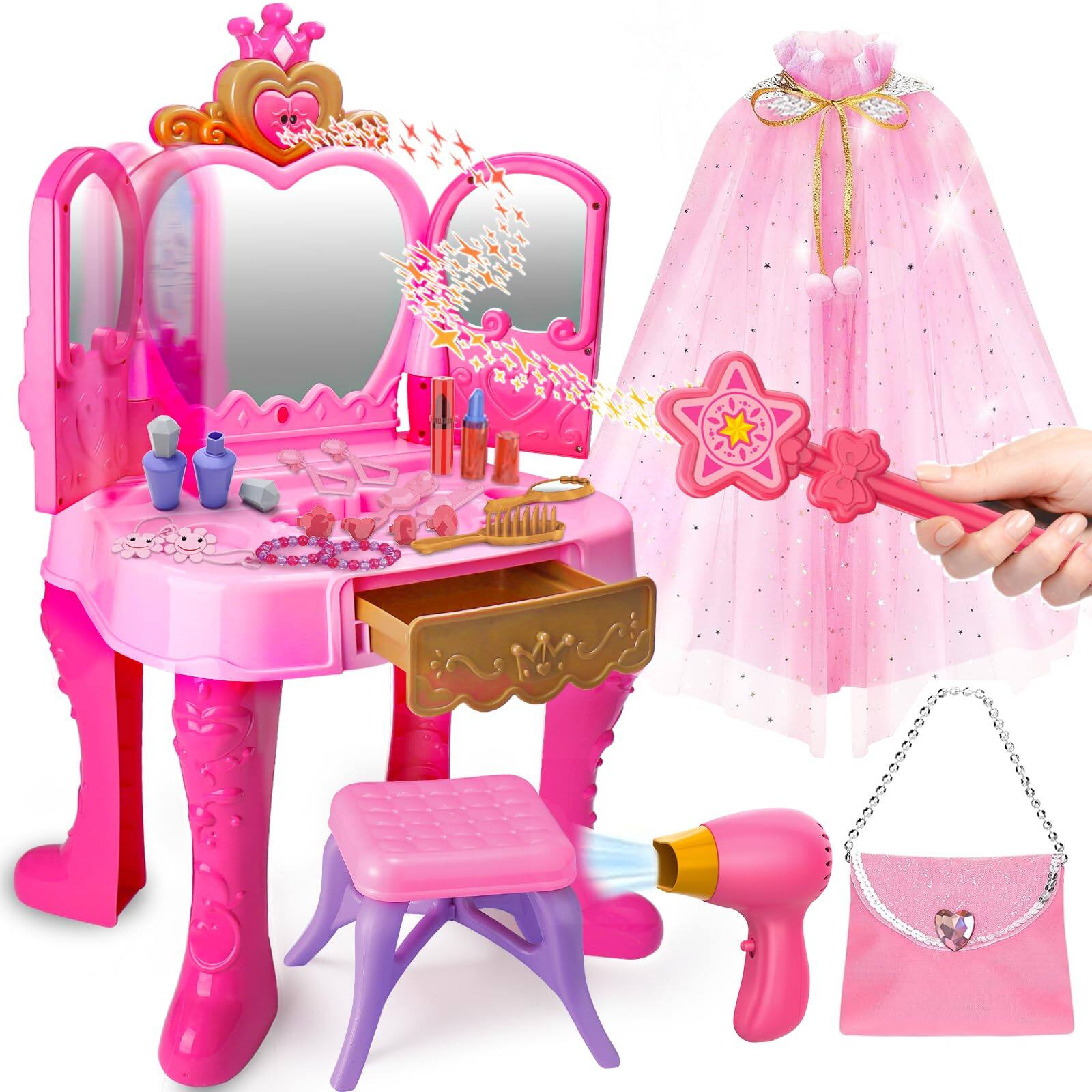 Front. Earthley Blooms - Vanity Magic Makeup Set Table And Chair Girl Automatically Mirror With Music Light Toys For Year Old Hair S - Makeup Table with Princess Cape.