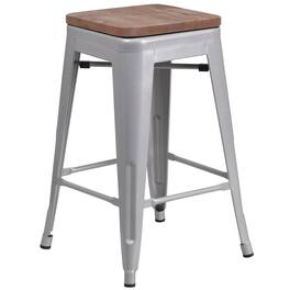 Flash Furniture - Lily 24" High Backless Silver Metal Counter Height Stool with Square Wood Seat - Gray