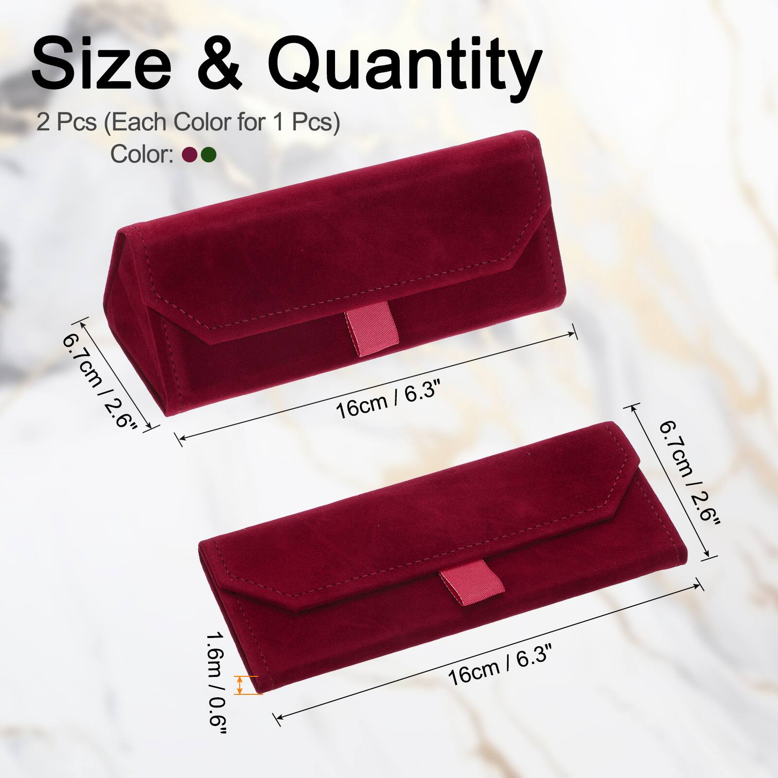 Size & Quantity  
2 Pcs (Each Color for 1 Pcs)  
Color: 6  
6.7cm / 2.6"  
1.6cm / 0.6"  
16cm / 6.3"