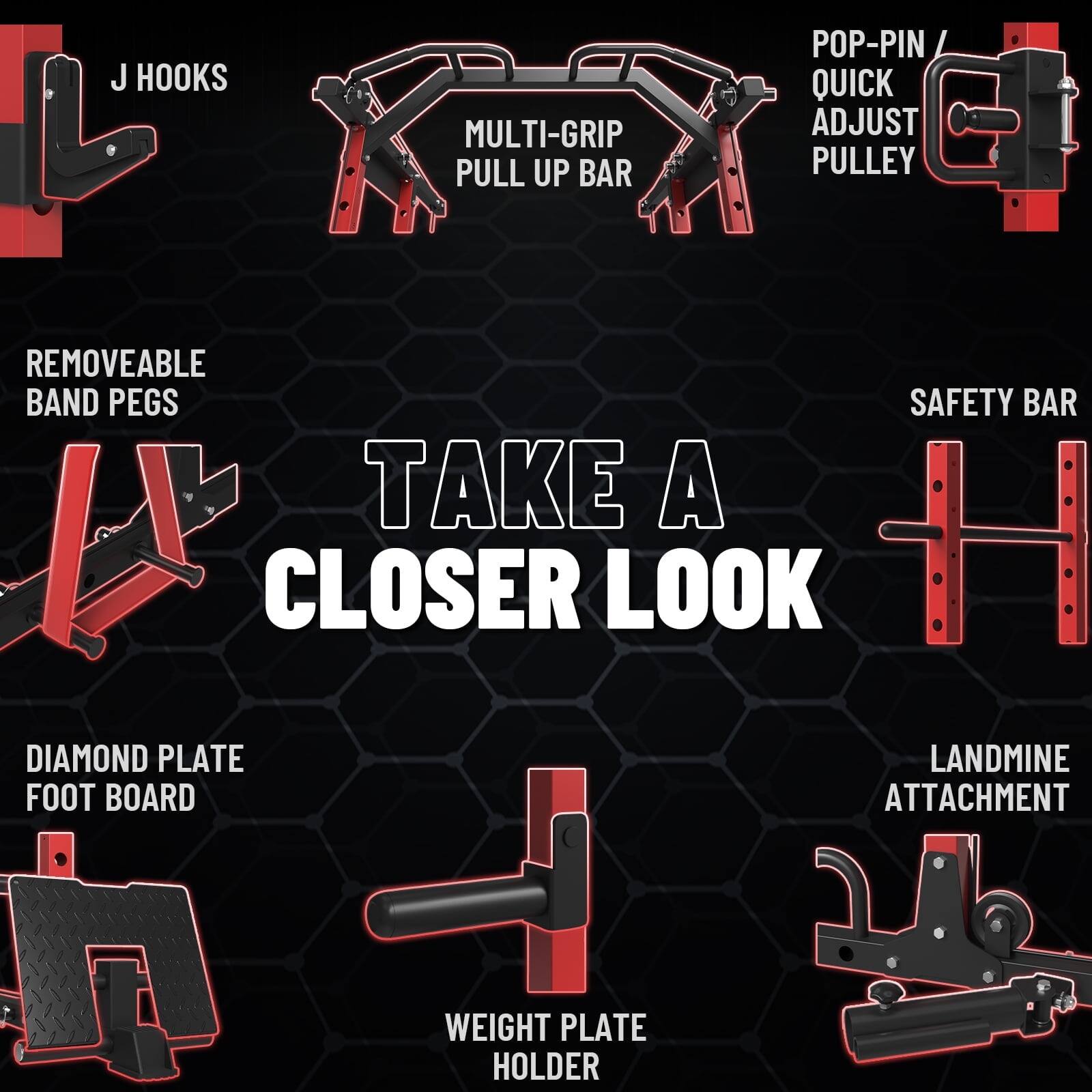 J Hooks Multi-Grip Pull Up Bar Pop-Pin Quick Adjust Pulley Removable Band Pegs Safety Bar Take a Closer Look H Diamond Plate Landmine Foot Board Attachment Weight Plate Holder
