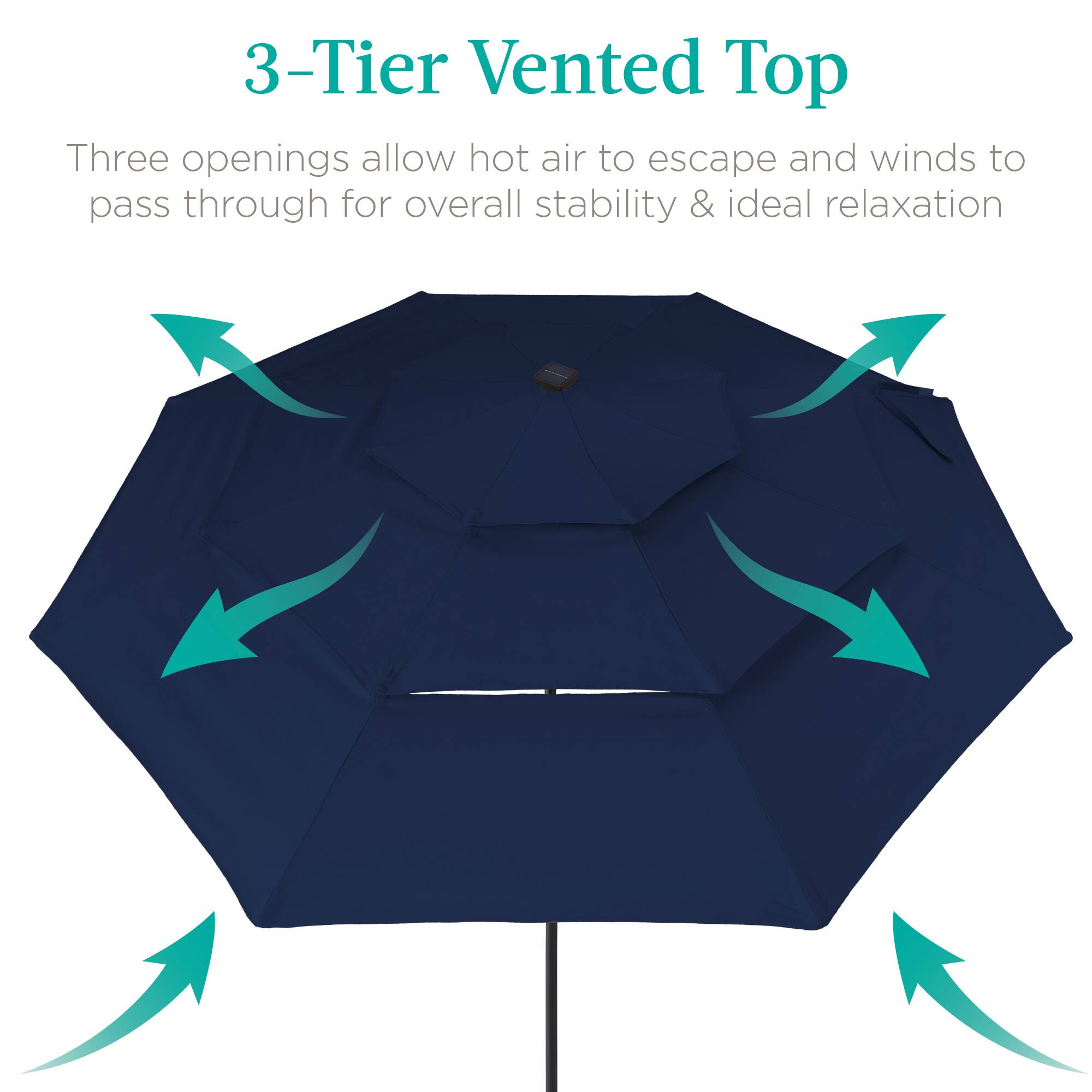 3-Tier Vented Top

Three openings allow hot air to escape and winds to pass through for overall stability & ideal relaxation