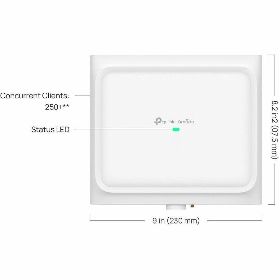 Concurrent Clients: 250+**

Status LED

tp-link | Omada

8.2 in² (07.5 x 5 mm)

9 in (230 mm)