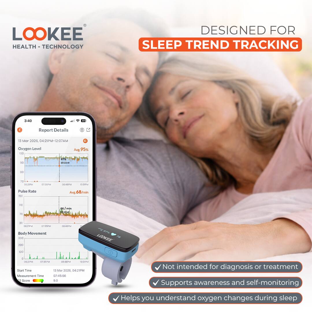 LOOKEE HEALTH - TECHNOLOGY  
DESIGNED FOR SLEEP TREND TRACKING

Report Details  
13 Mar 2026, 04:21PM-12:07AM  
Oxygen Level  
Avg 95%  
Pulse Rate  
Avg. 68/min  
Body Movement  

Start Time: 13 Mar 2020, 04:21PM  
Measurement Time: 07:45:56  
Score: 9.0  

Not intended for diagnosis or treatment  
Supports awareness and self-monitoring  
Helps you understand oxygen changes during sleep