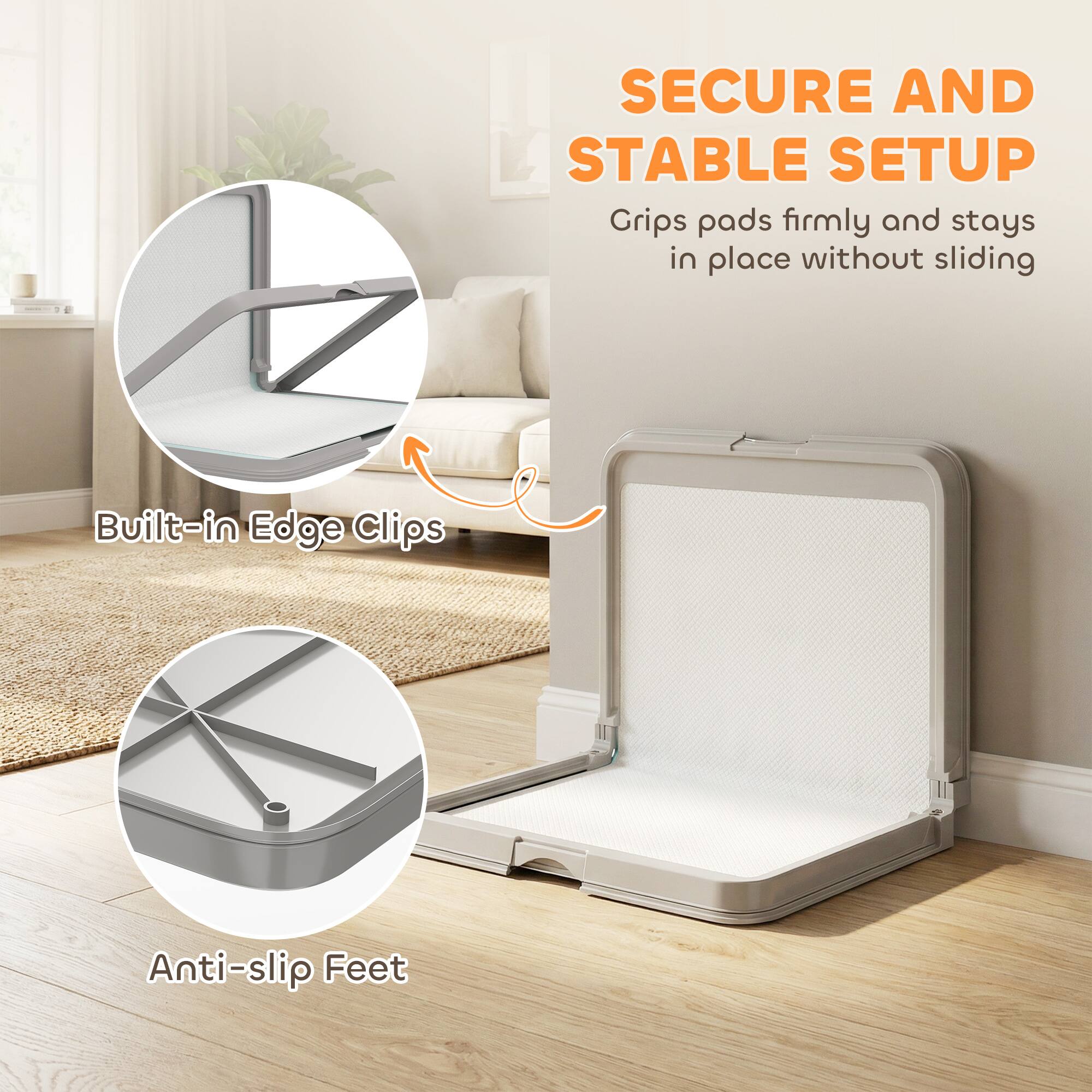 SECURE AND STABLE SETUP  
Grips pads firmly and stays in place without sliding  
Built-in Edge Clips  
Anti-slip Feet