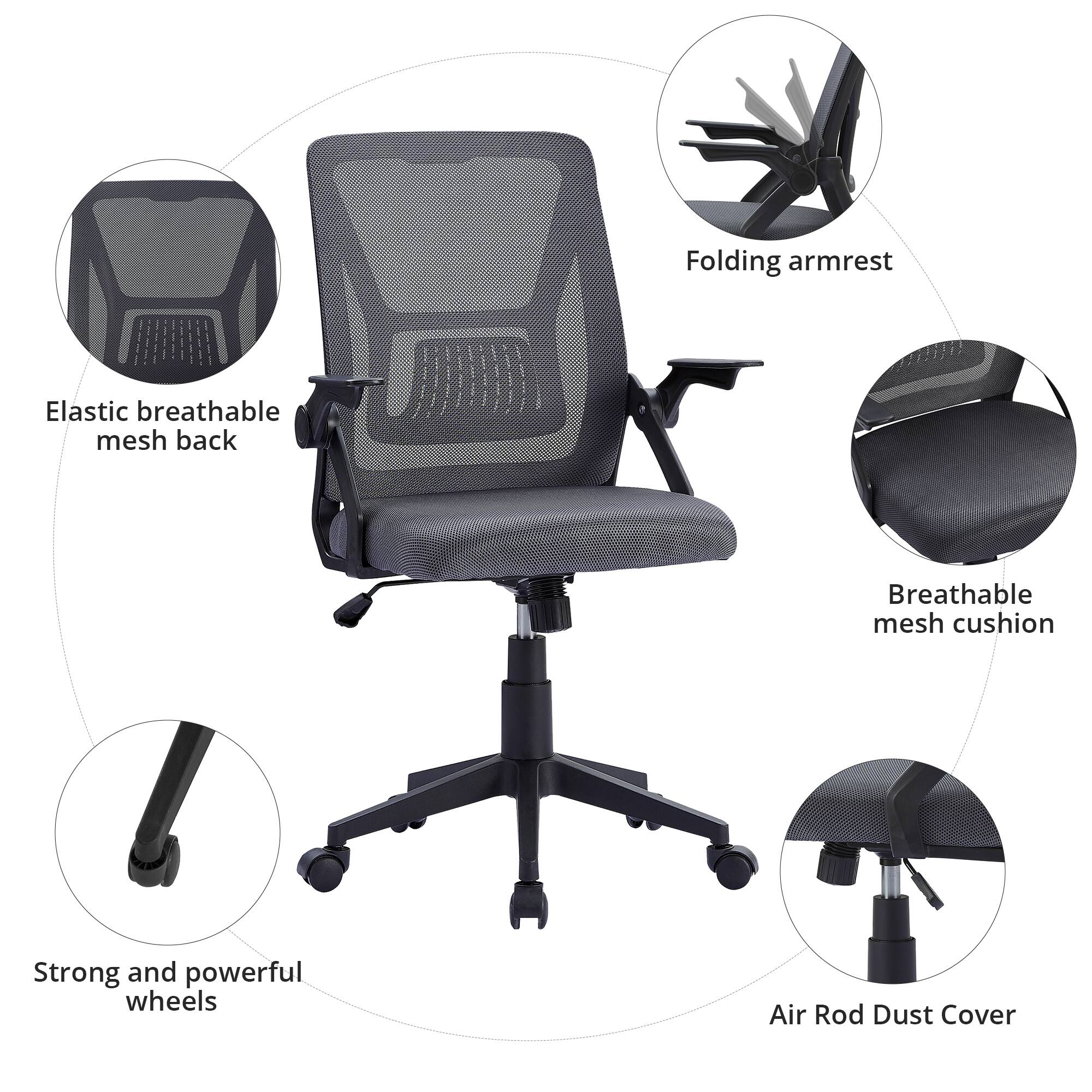 - Folding armrest
- Elastic breathable mesh back
- Breathable mesh cushion
- Strong and powerful wheels
- Air Rod Dust Cover