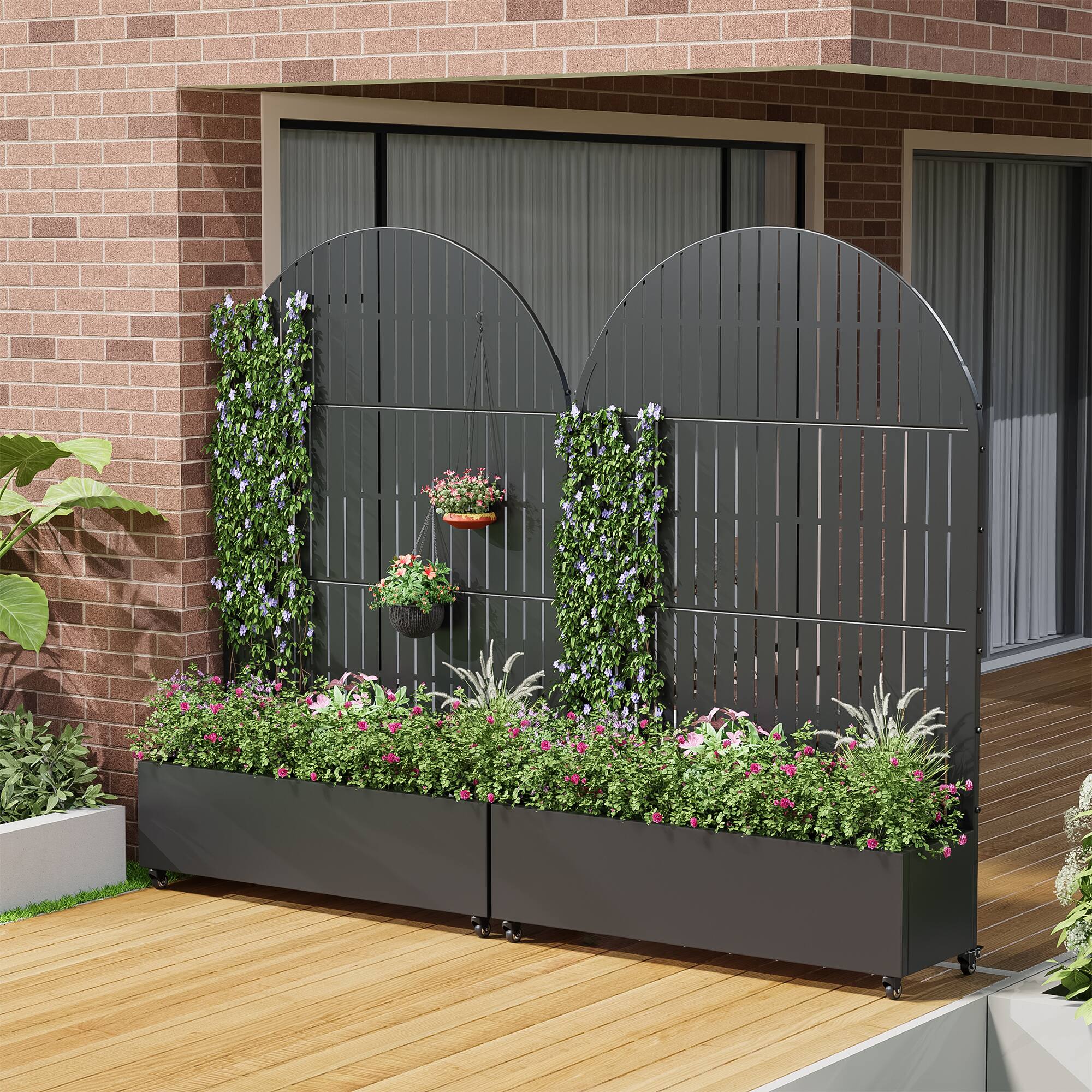 Alt View 2. PexFix - 72 in. H x 47 in. W Slat Pattern Arch Metal Planter Box Raised Garden Beds with Trellis-Ideal for Balcony - Black.