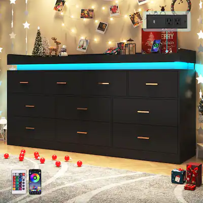 Lent Glitter Wood 10 Drawer LED Dresser with USB Charging, Modern Storage Cabinet for Closet Organization, Living Room & Hallway Furniture Black DJZH000066 - Best Buy Lent Glitter Wood 10 Drawer LED Dresser with USB Charging, Modern Storage Cabinet for Closet Organization, Living Room & Hallway Furniture Black DJZH000066 - Best Buy