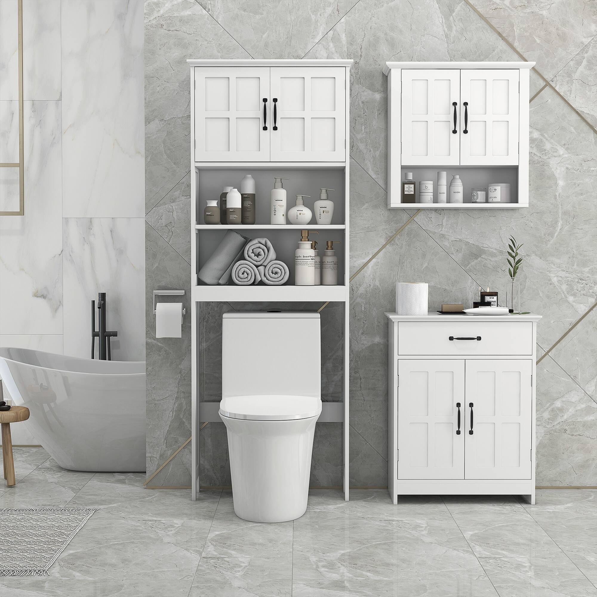Alt View 8. Kleankin - Freestanding Bathroom Cabinet, Farmhouse Small Storage Cabinet with Storage Drawer, 2 Doors - White.