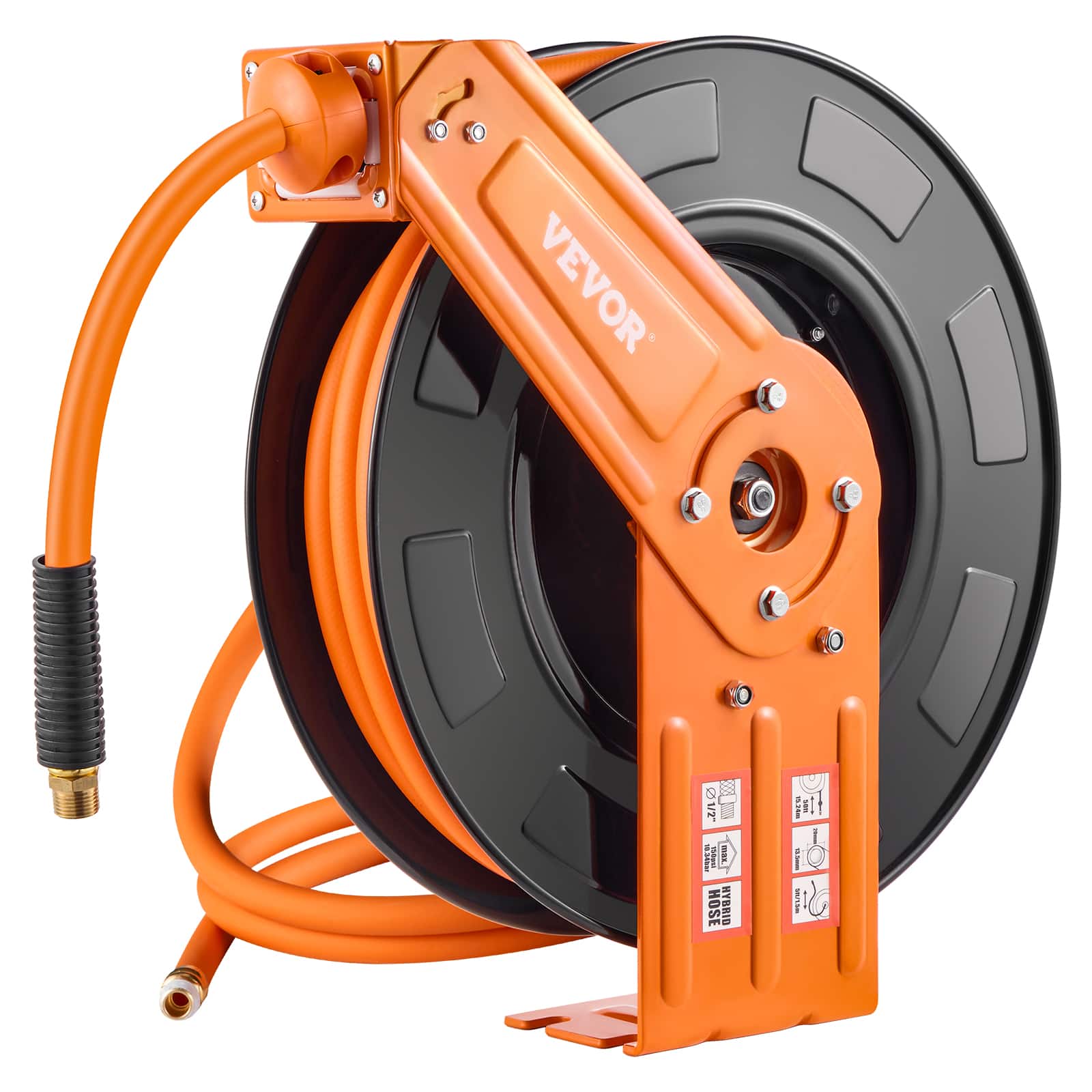VEVOR - Retractable Air Hose Reel, 1/2 IN x 50 FT Hybrid Air Hose Max 300PSI, Air Compressor Hose Reel Auto-Rewind - Orange + Black
