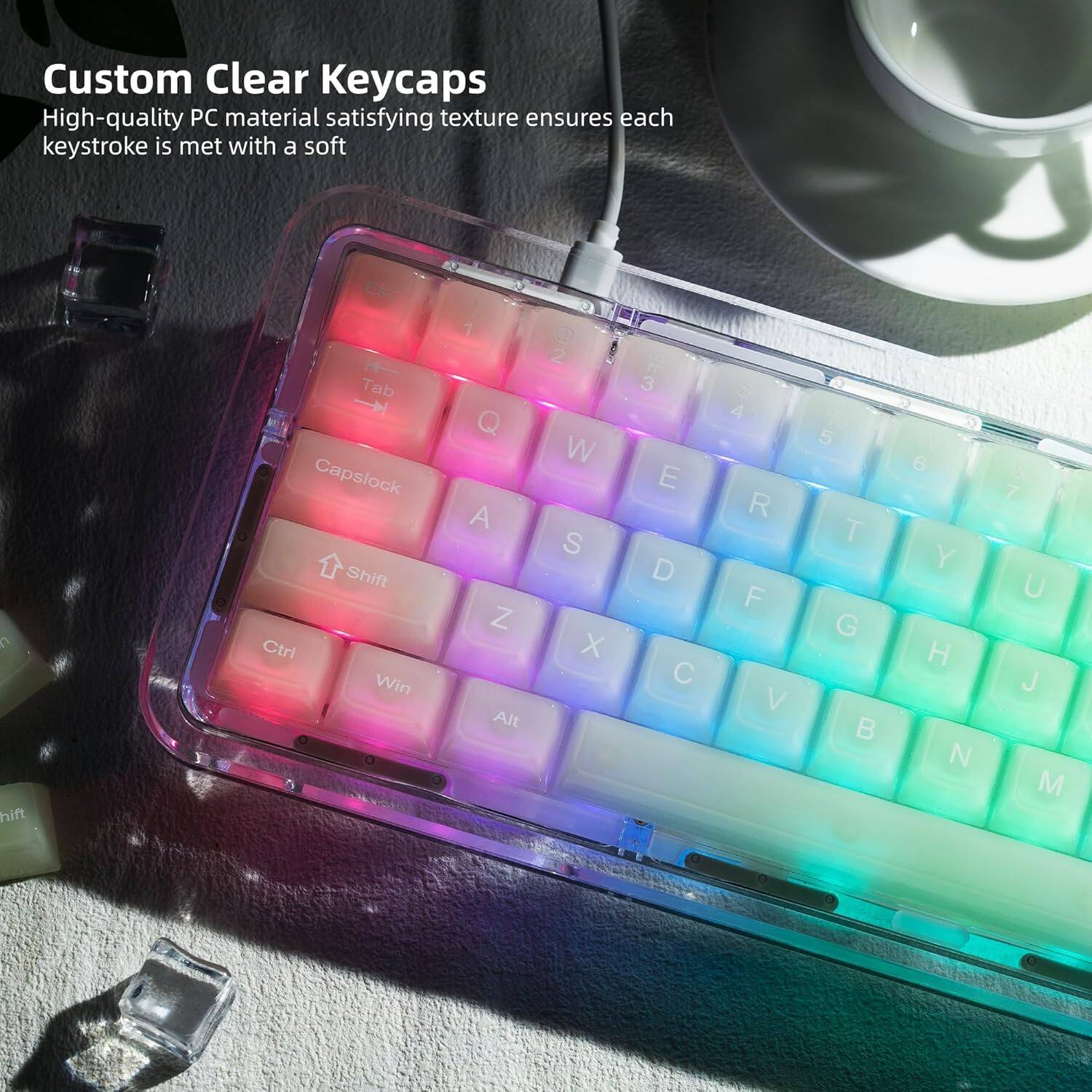 Custom Clear Keycaps  
High-quality PC material satisfying texture ensures each keystroke is met with a soft feel.  

1 Q A Z  
2 W S X  
3 E D C  
4 R F V  
5 T G B  
6 Y H N  
7 U J M  

Tab Capslock Shift Ctrl Win Alt