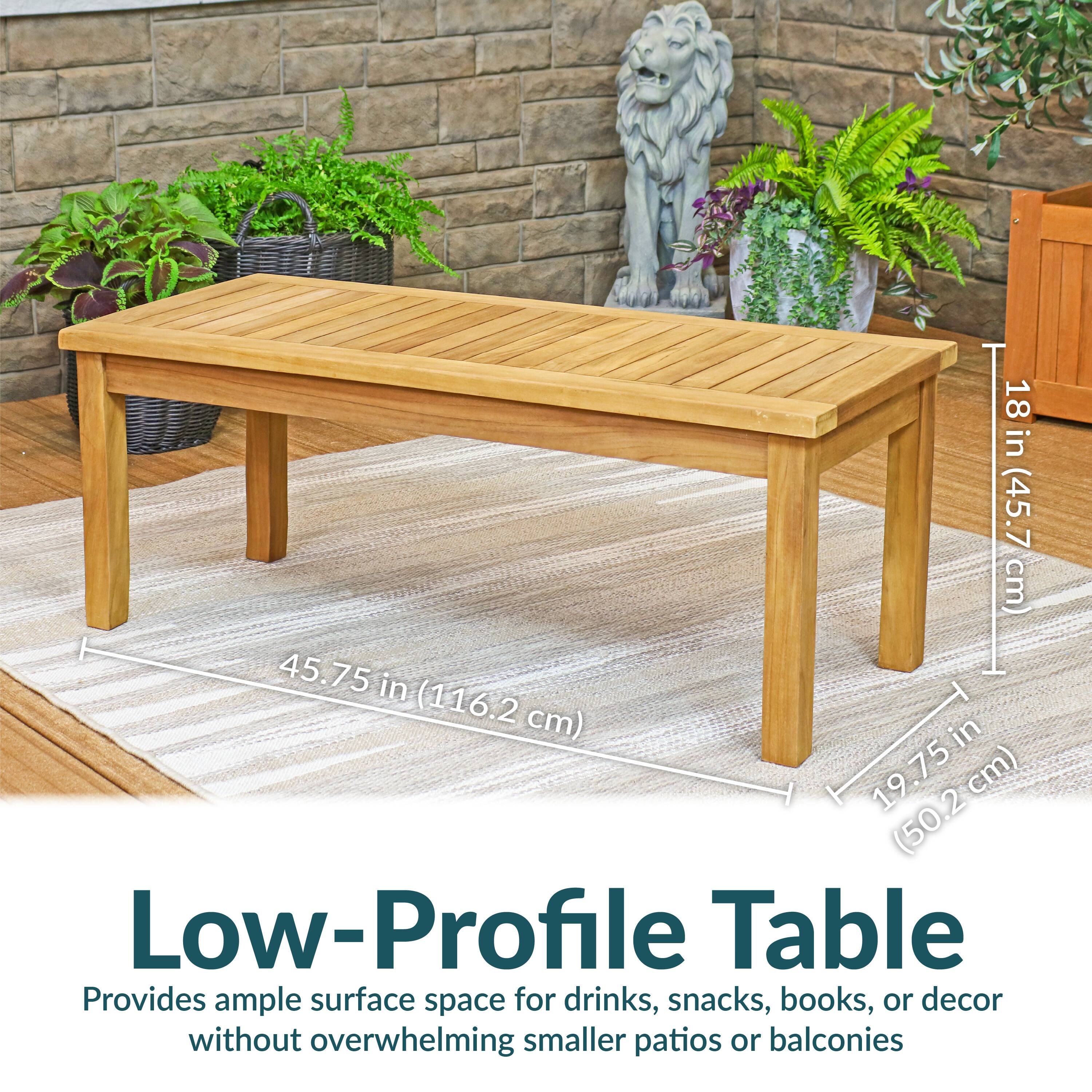Low-Profile Table

Provides ample surface space for drinks, snacks, books, or decor without overwhelming smaller patios or balconies

- 18 in (45.7 cm)
- 45.75 in (116.2 cm)
- 19.75 in (50.2 cm)