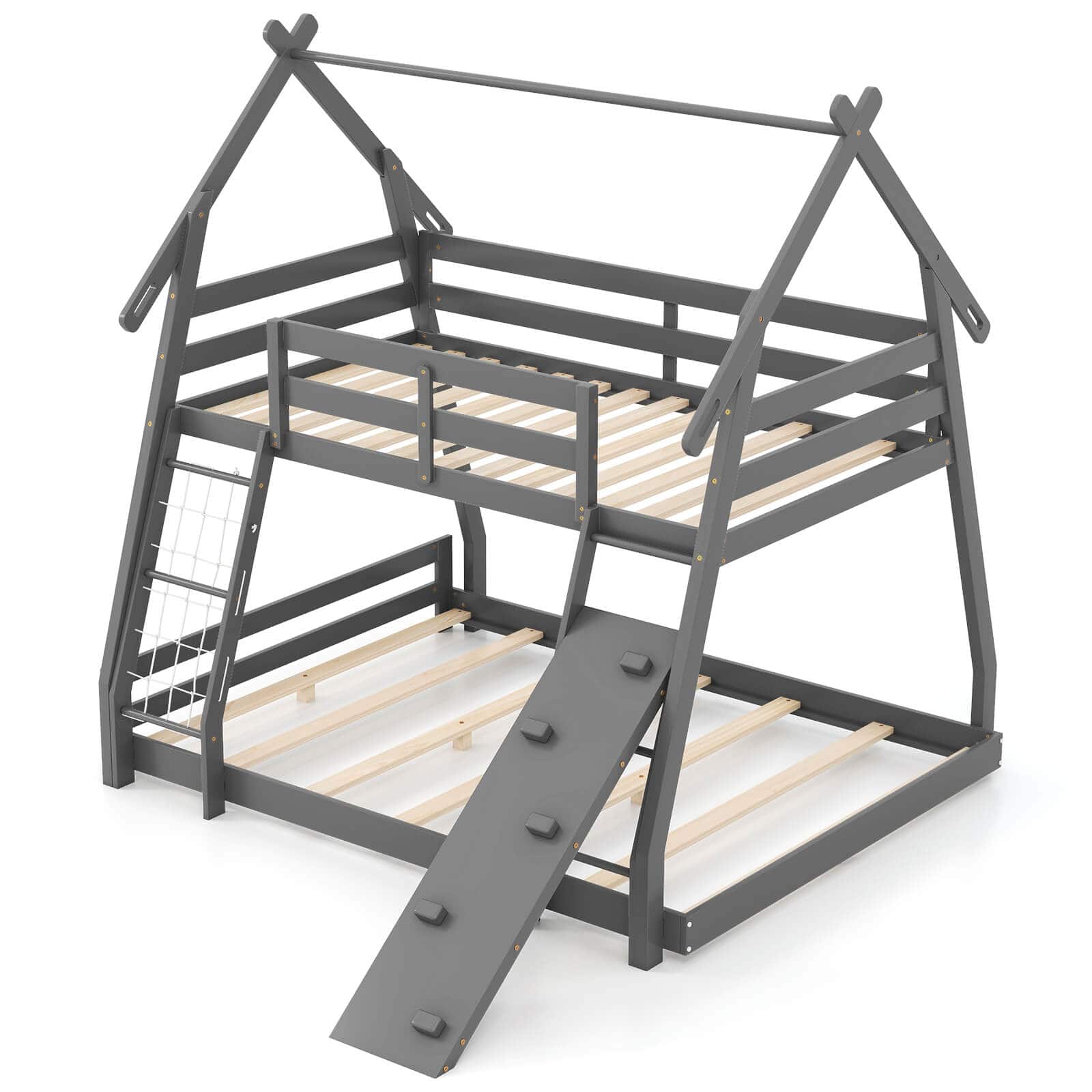 Costway - Twin Over Queen Bunk Bed House Shaped Bed Frame with Climbing Nets and Ramp - Gray price history on PriceWatchPro