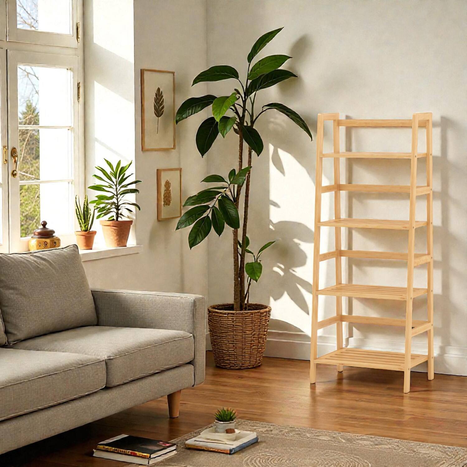Front. Hivvago - 4-Tier 47.5" Bamboo Storage Shelf and Bookcase Organizer - Natural.