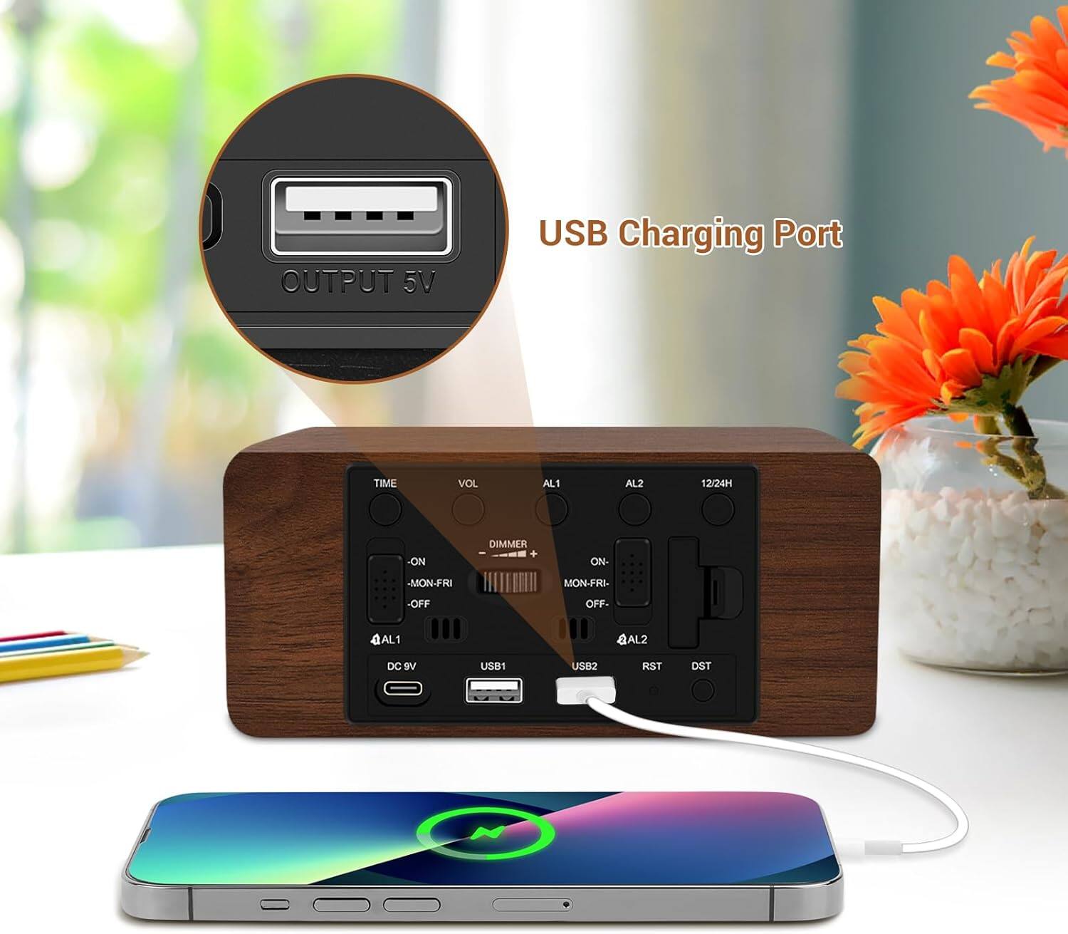 OUTPUT 5V USB Charging Port  
TIME VOL AL1 AL2 12/24H  
-ON DIMMER + ON- -MON-FRI MON-FRI- -OFF OFF-  
AL1 QAL2 DC 9V USB1 USB2 RST DST