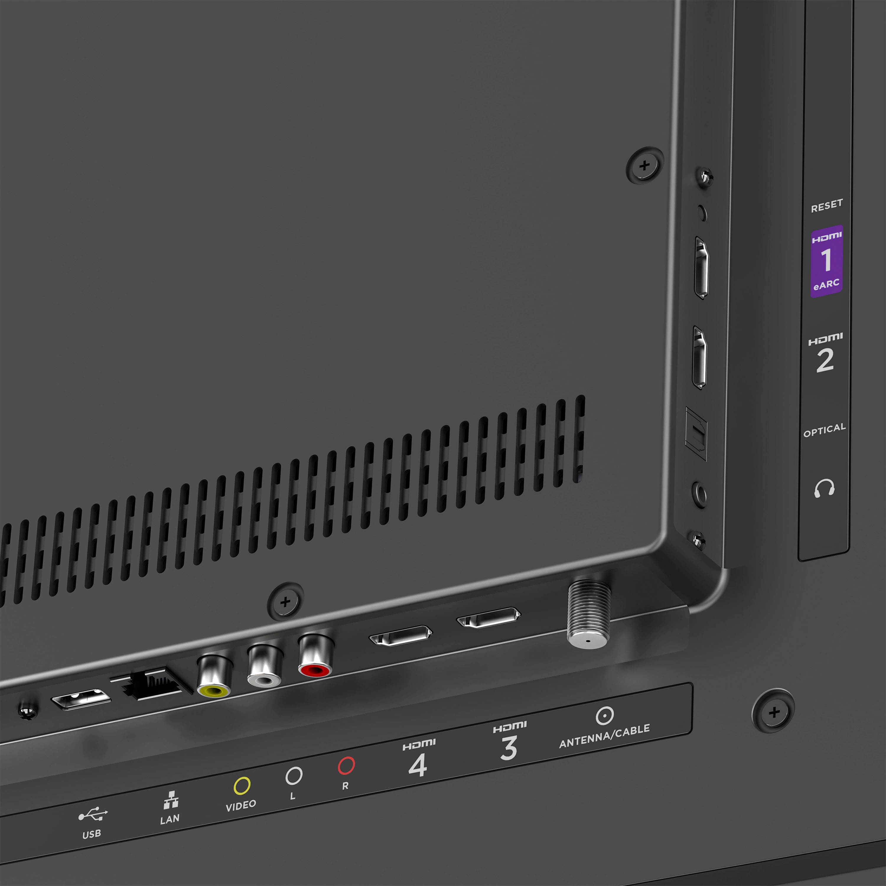 The text on the image reads:
+ RESET MODE 1 eARC Home Theater 2 Optical + USB LAN VIDEO L R HOMI 4 HOMI 3 ANTENNA/CABLE +
This text is grouped as follows:
1. RESET MODE 1 eARC Home Theater 2 Optical + USB LAN VIDEO L R HOMI 4 HOMI 3 ANTENNA/CABLE +