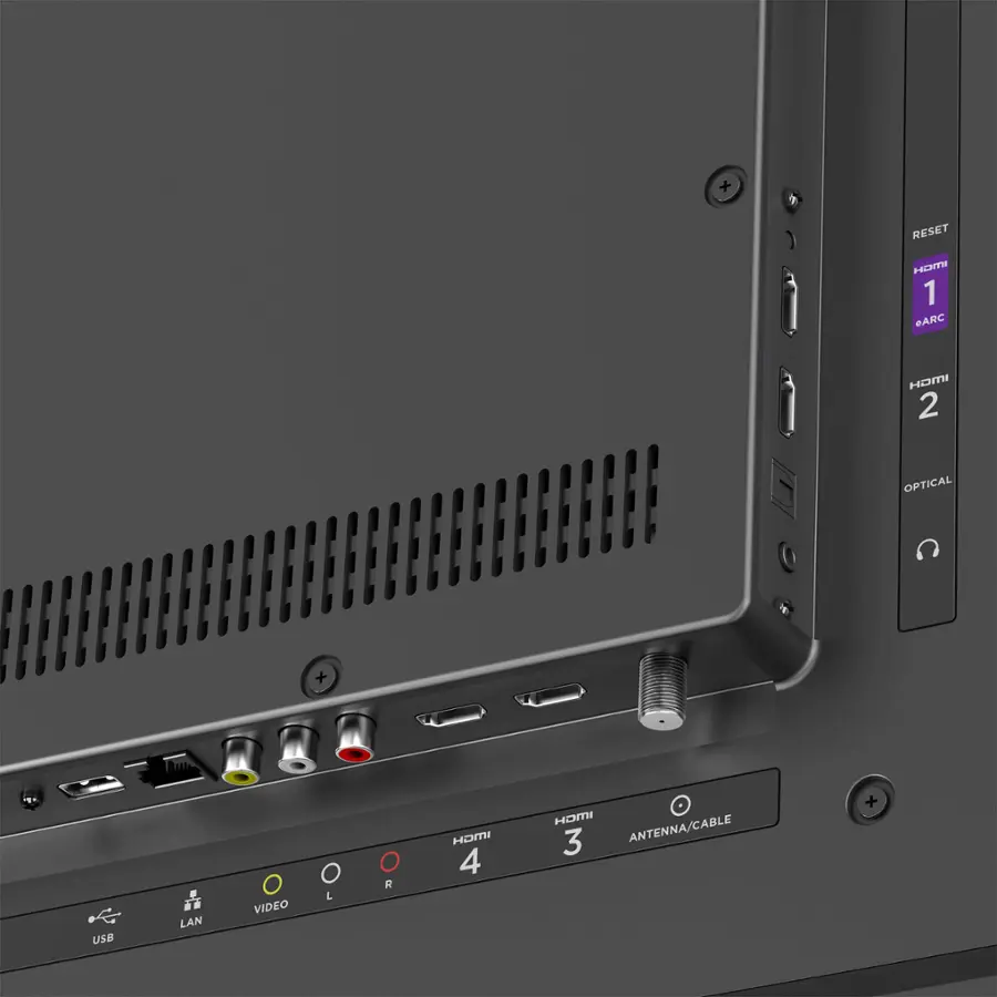 The text on the image reads:

+ RESET MODE 1 eARC Home Theater 2 Optical + USB  LAN VIDEO L R HOMI 4 HOMI 3 ANTENNA/CABLE +

This text is grouped as follows:

1. RESET MODE 1 eARC Home Theater 2 Optical + USB LAN VIDEO L R HOMI 4 HOMI 3 ANTENNA/CABLE +