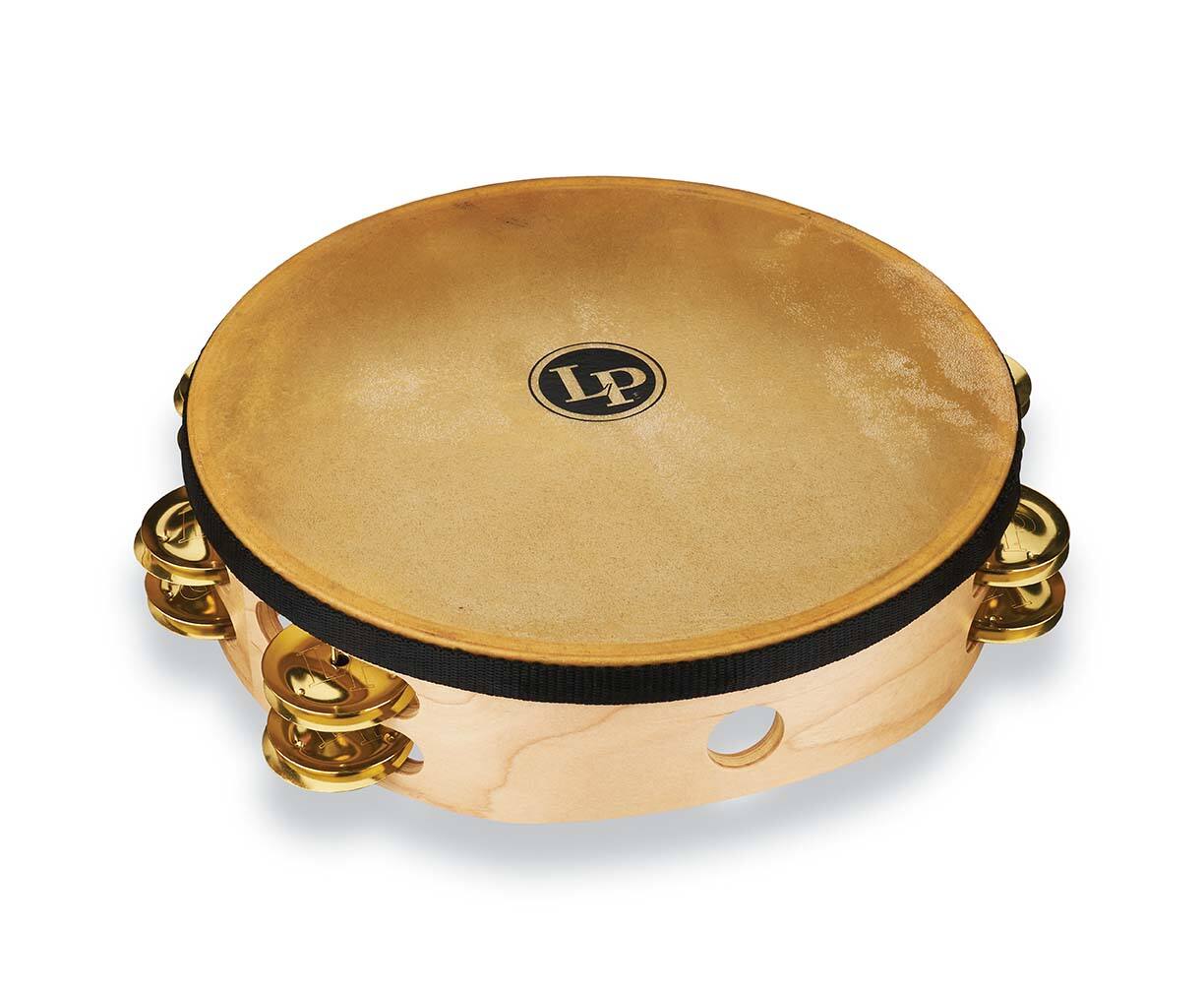 Angle. Latin Percussion - Pro 10 Double Row Headed Tambourine Bag-Brass.