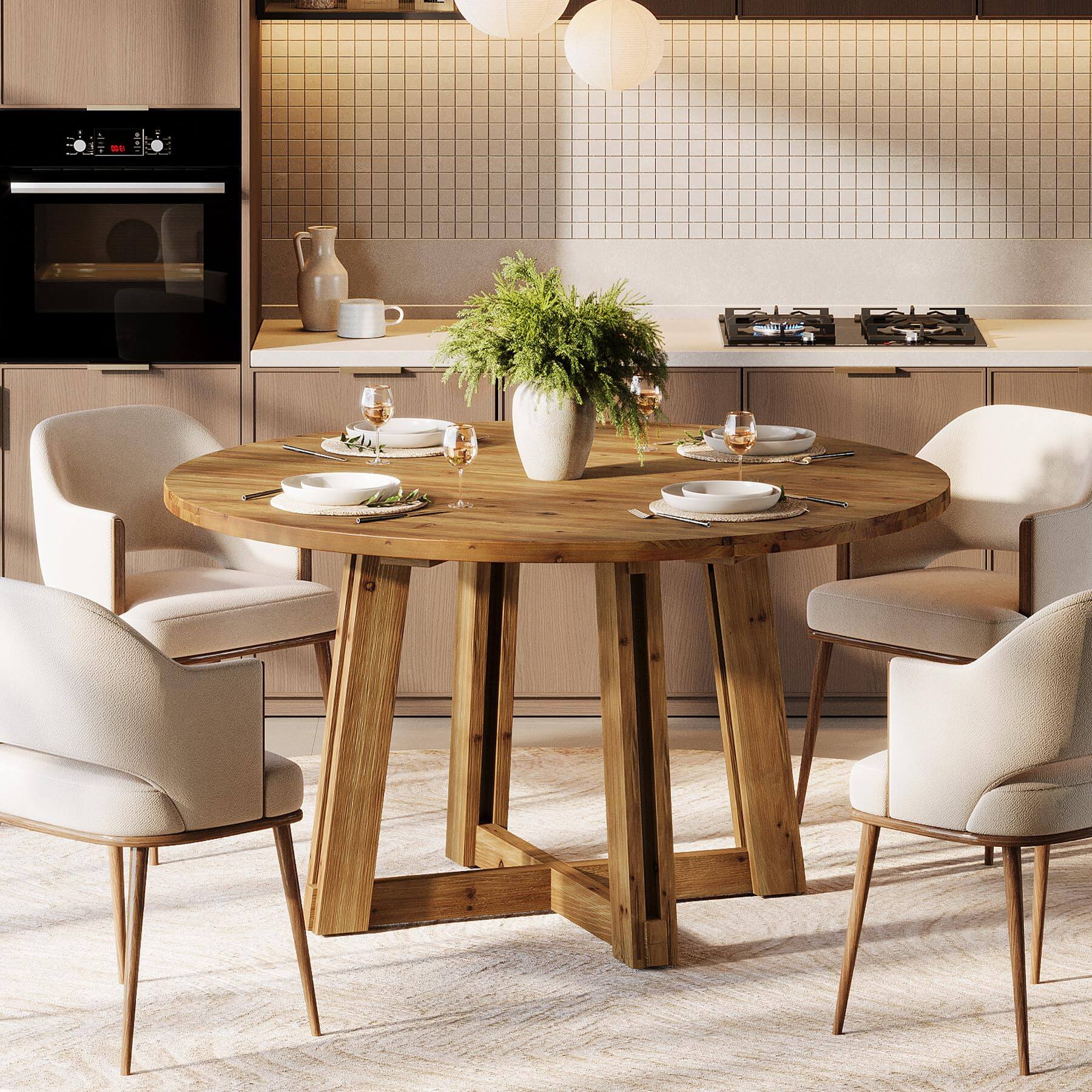 Alt View 3. Tribesigns - 47.3" Solid Wood Dining Table for 4-6, Round Wood Kitchen Table - Brown.