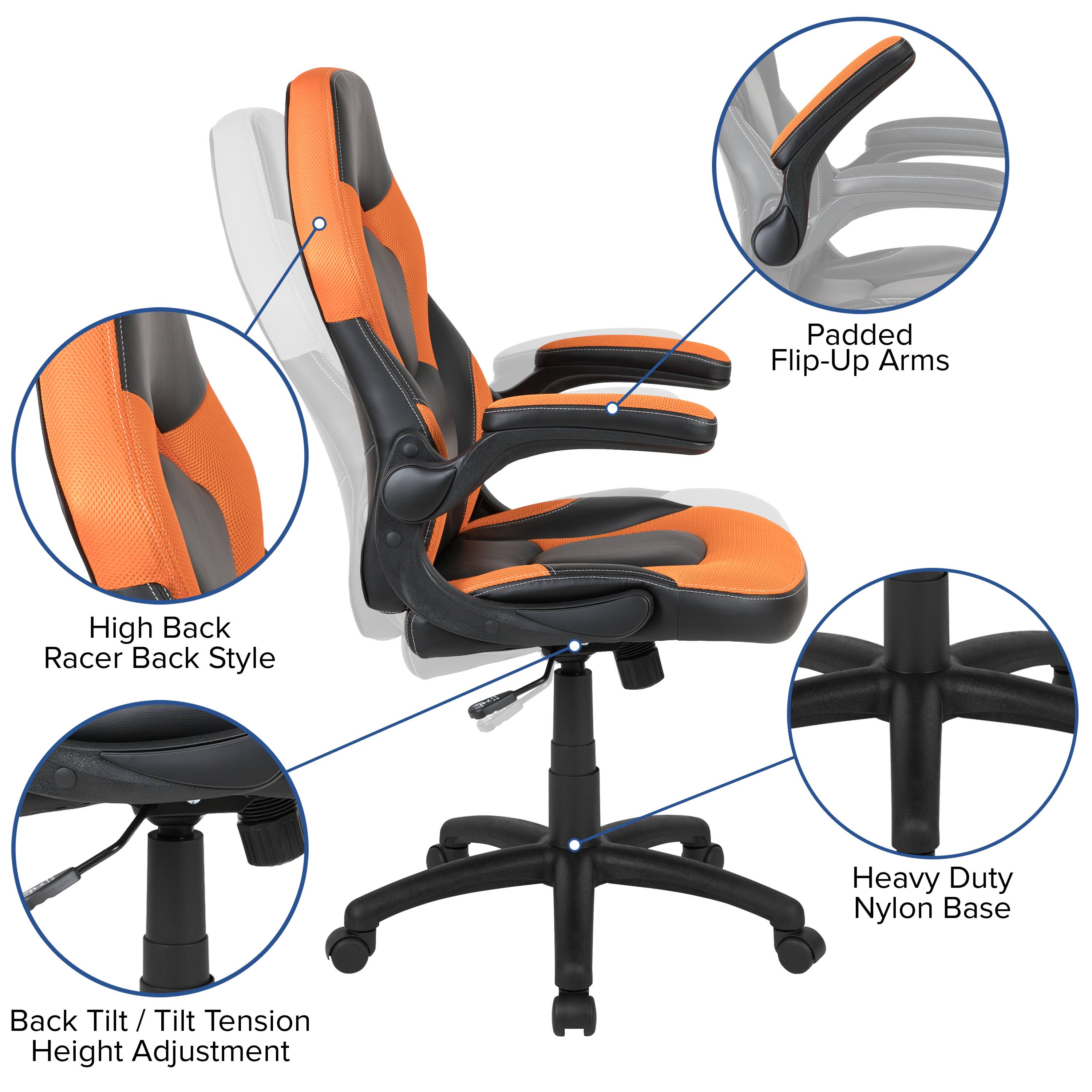 - Padded Flip-Up Arms
- High Back Racer Back Style
- Heavy Duty Nylon Base
- Back Tilt / Tilt Tension Height Adjustment