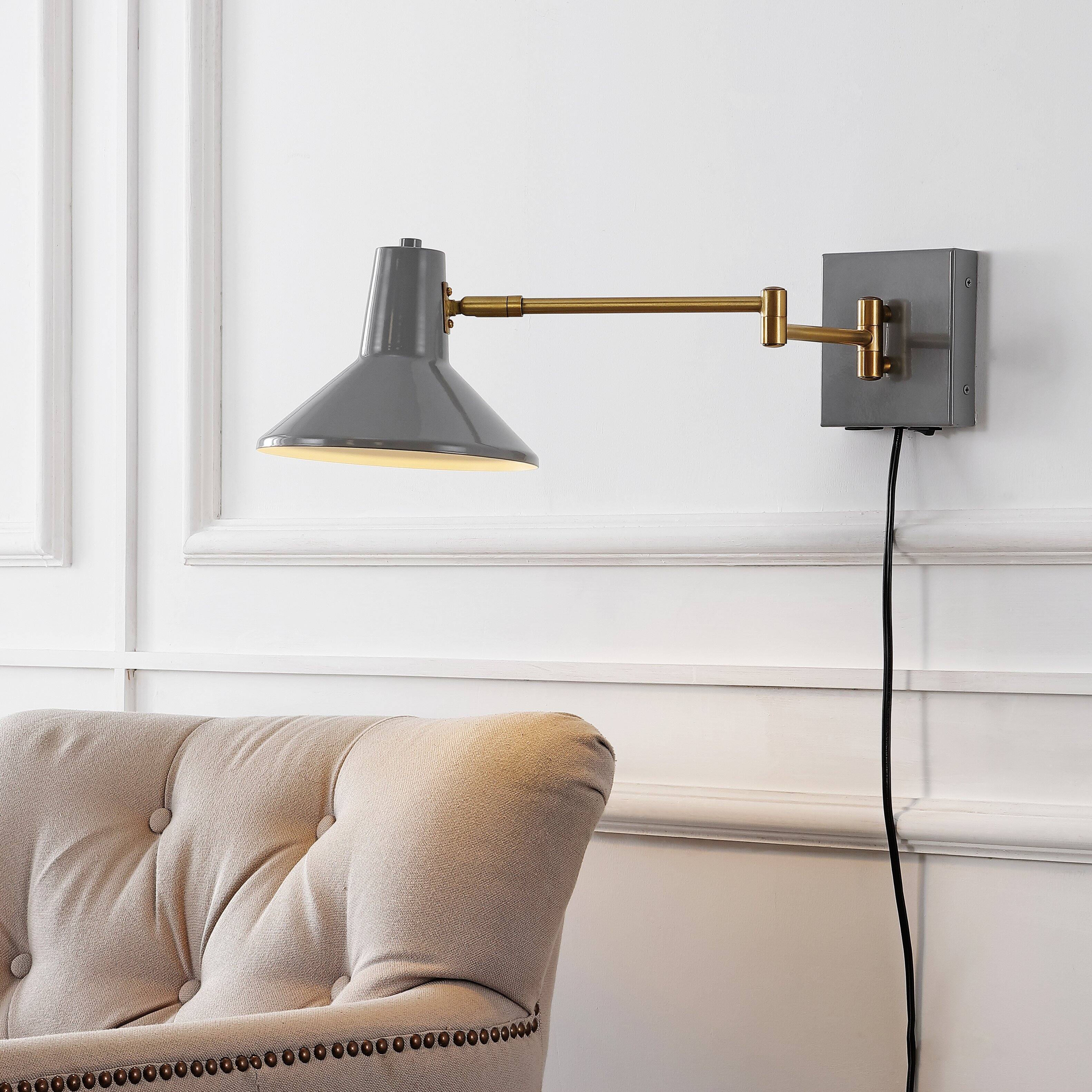 Alt View 1. Jonathan Y - Hygge 16" Swing Arm 1-Light Modern Midcentury Iron USB Charging Port LED Sconce, Grey/Brass Gold - Gray.