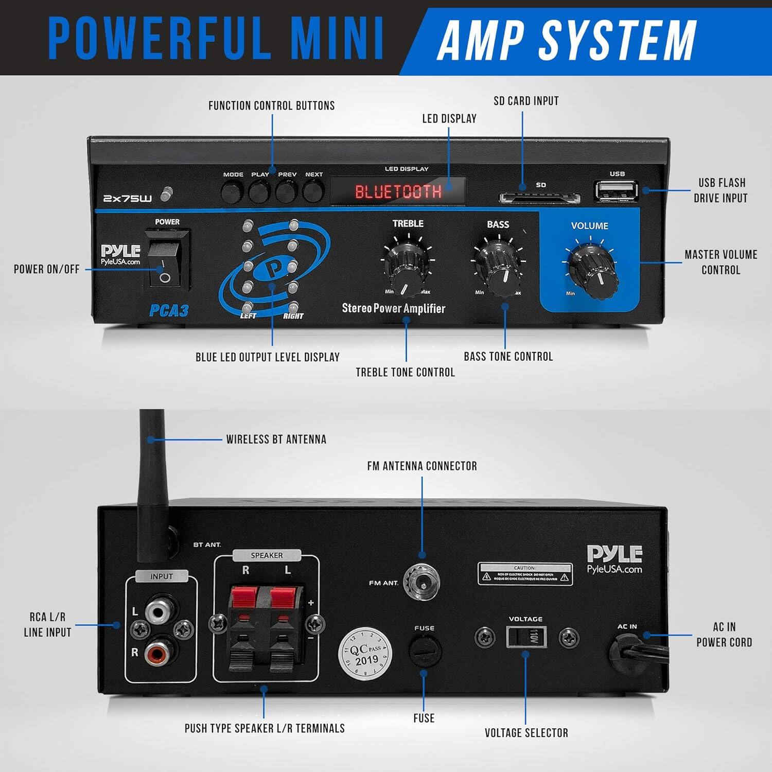 **POWERFUL MINI AMP SYSTEM**

- **FUNCTION CONTROL BUTTONS**
  - MODE
  - PLAY
  - PREV
  - NEXT

- **LED DISPLAY**
  - BLUETOOTH

- **SD CARD INPUT**

- **USB FLASH DRIVE INPUT**

- **MASTER VOLUME CONTROL**

- **POWER ON/OFF**

- **STEREO POWER AMPLIFIER**
  - LEFT
  - RIGHT

- **BLUE LED OUTPUT LEVEL DISPLAY**

- **TREBLE TONE CONTROL**

- **BASS TONE CONTROL**

- **VOLUME**

- **WIRELESS BT ANTENNA**

- **FM ANTENNA CONNECTOR**

- **RCA L/R LINE INPUT**

- **PUSH TYPE SPEAKER L/R TERMINALS**

- **FUSE**

- **VOLTAGE SELECTOR**

- **AC IN POWER CORD**

- **VOLTAGE**

- **PYLE**
  - PyleUSA.com

- **2x75W**

- **PCA3**

- **2019**