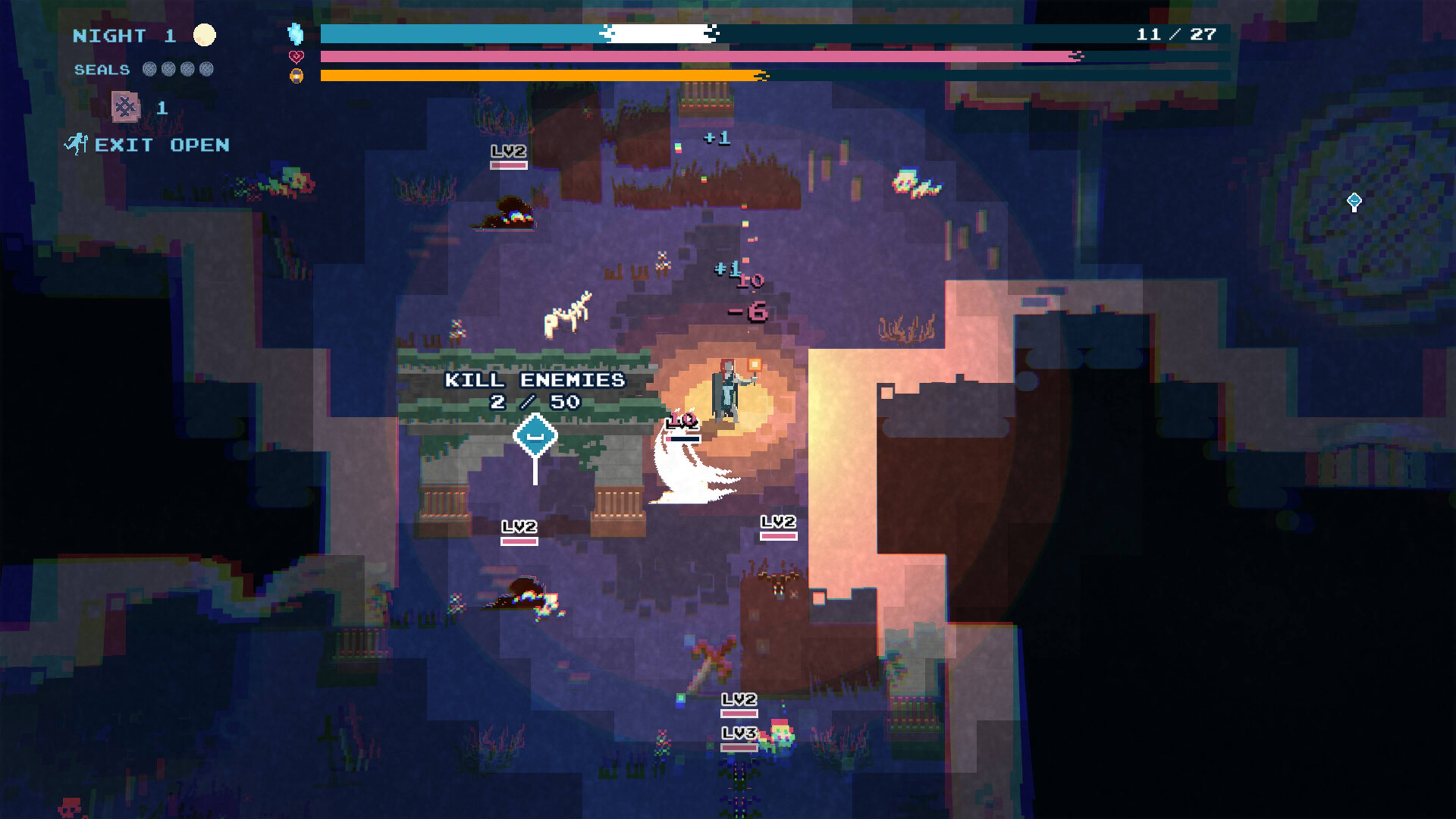 NIGHT 1 11/27 SEALS 1 EXIT OPEN KILL ENEMIES 2/50 LV2 LV2 LV2 LV3