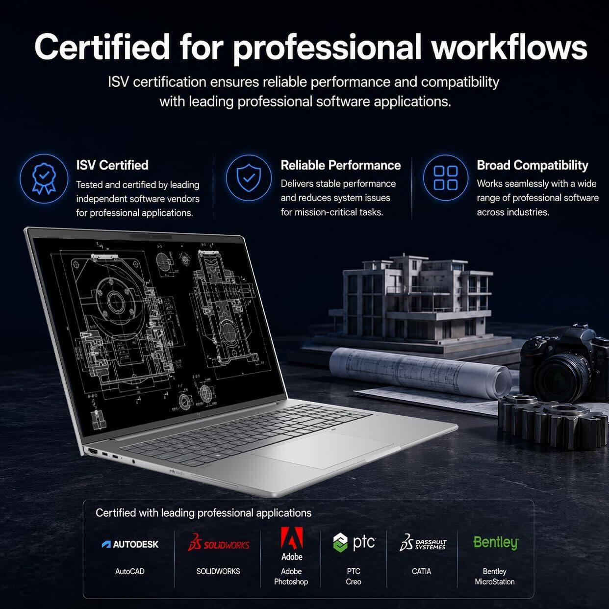 Certified for professional workflows  
ISV certification ensures reliable performance and compatibility with leading professional software applications.  

ISV Certified  
Tested and certified by leading independent software vendors for professional applications.  

Reliable Performance  
Delivers stable performance and reduces system issues for mission-critical tasks.  

Broad Compatibility  
Works seamlessly with a wide range of professional software across industries.  

Certified with leading professional applications  
AUTODESK  
- AutoCAD  
- SOLIDWORKS  

Adobe  
- Adobe Photoshop  

ptc  
- PTC Creo  

DASSAULT SYSTEMES  
- CATIA  

Bentley  
- Bentley MicroStation