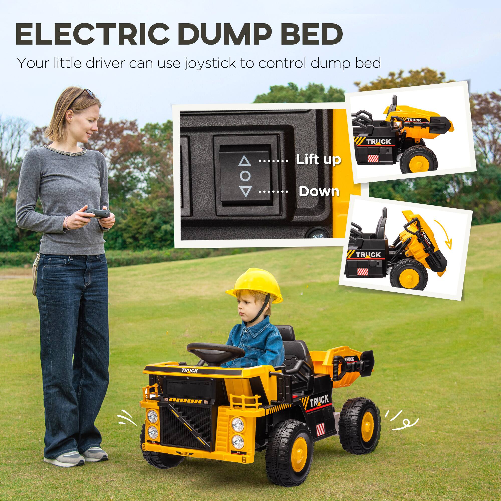 ELECTRIC DUMP BED

Your little driver can use joystick to control dump bed

Lift up
Down
