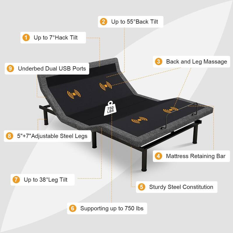 1. Up to 7° Hack Tilt
2. Up to 55° Back Tilt
3. Back and Leg Massage
4. Mattress Retaining Bar
5. Sturdy Steel Constitution
6. Supporting up to 750 lbs
7. Up to 38° Leg Tilt
8. 5"+7" Adjustable Steel Legs
9. Underbed Dual USB Ports