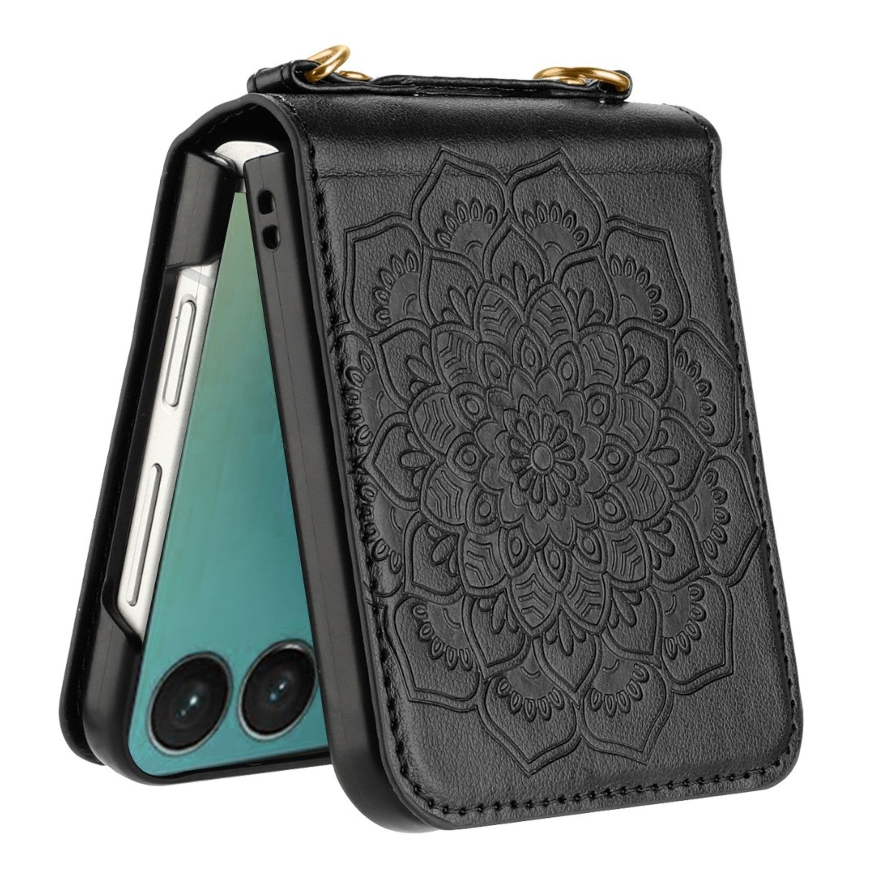 Kitcheniva - Embossed Design Vegan Leather Case With Tempered Glass For Samsung Galaxy Z Flip7 - Black