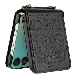 Kitcheniva - Embossed Design Vegan Leather Case With Tempered Glass For Samsung Galaxy Z Flip7 - Black