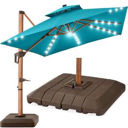Best Choice Products - 10ft Square Woodgrain Pattern 2-Tier Outdoor Solar LED Cantilever Umbrella w/ Base - Cerulean
