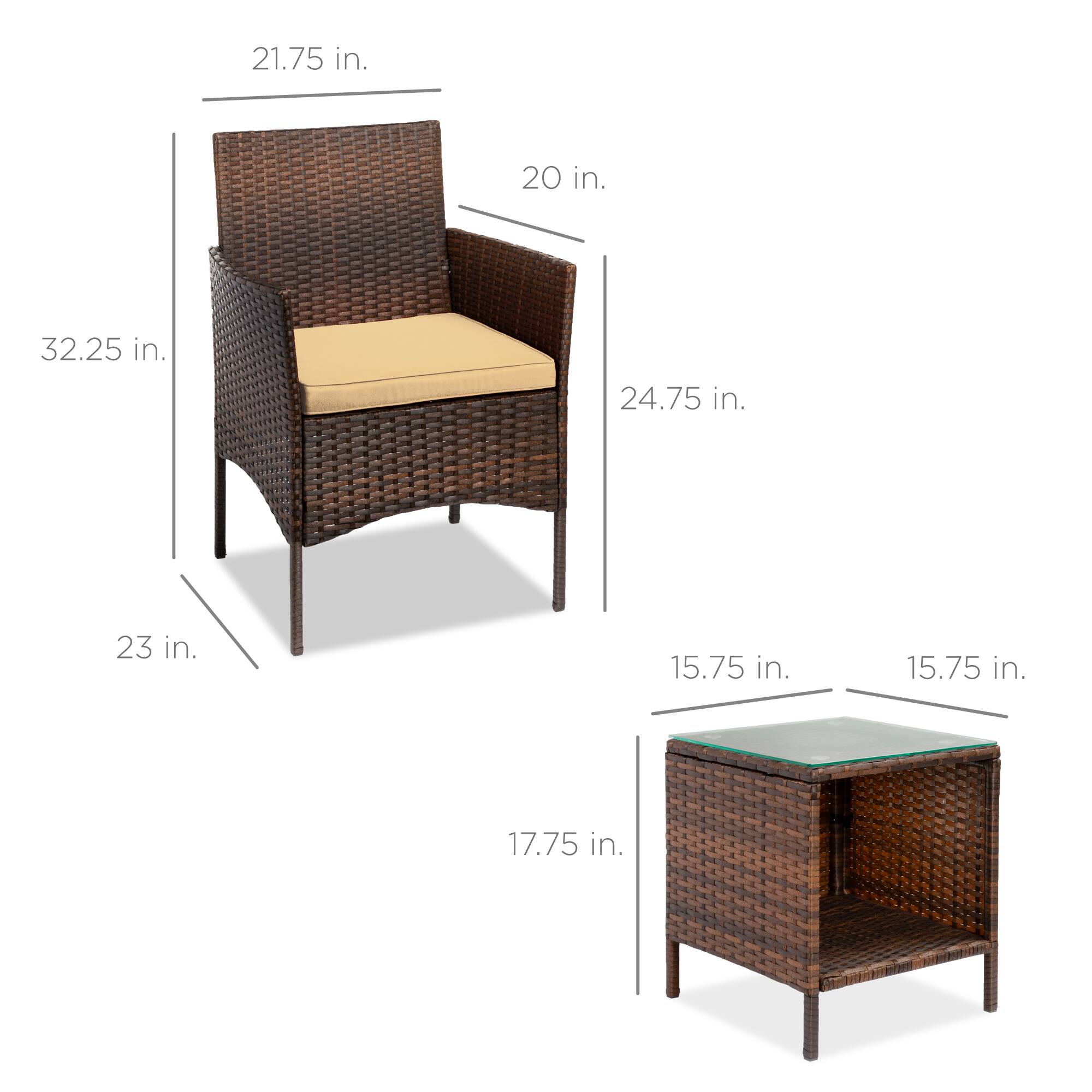 - Chair:
  - Height: 32.25 in.
  - Width: 21.75 in.
  - Depth: 24.75 in.
  - Seat Height: 17.75 in.
  - Armrest Height: 20 in.
  - Seat Depth: 23 in.

- Table:
  - Height: 15.75 in.
  - Width: 15.75 in.