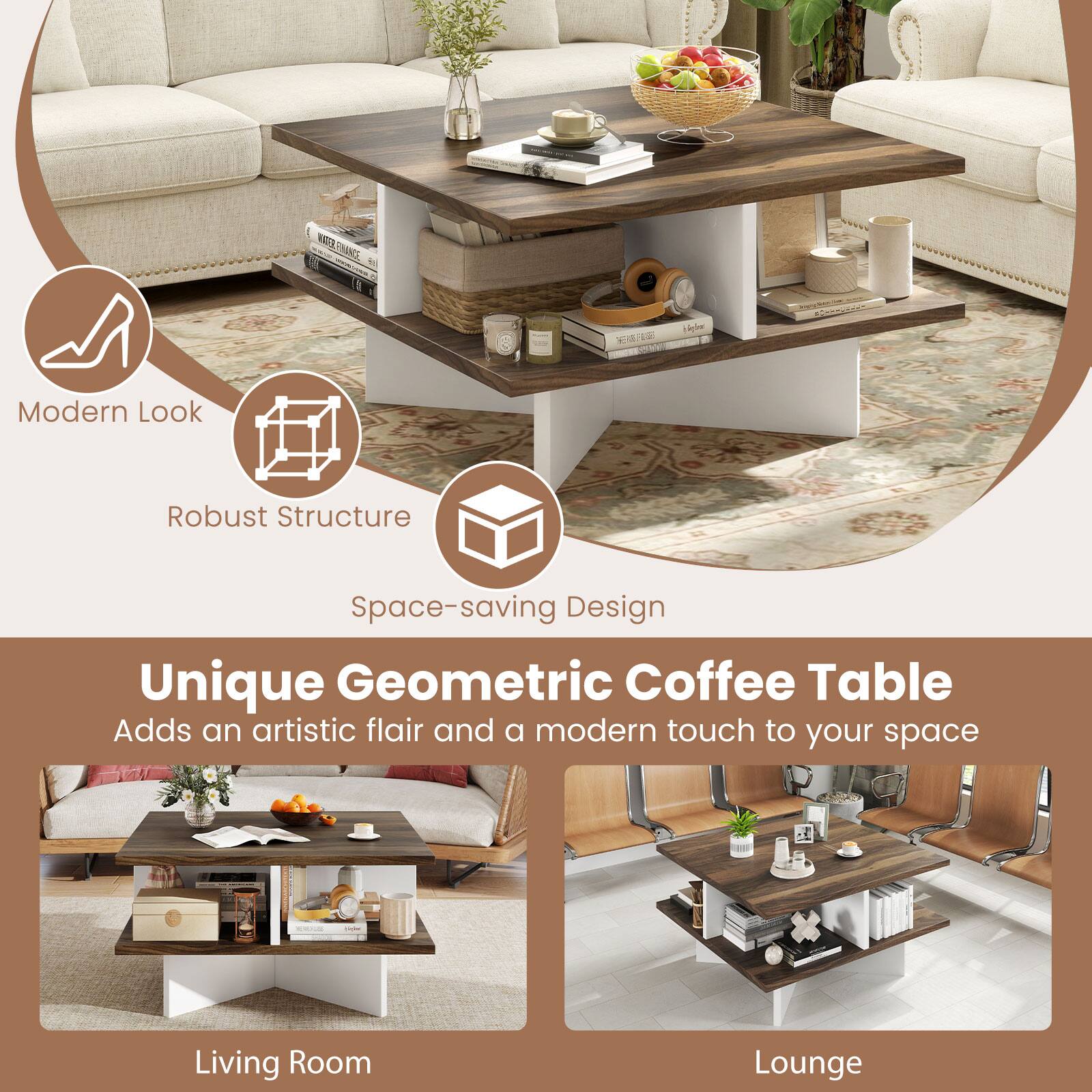 VR FRINO d K Lea

Modern Look  
Robust Structure  
Space-saving Design  

Unique Geometric Coffee Table  
Adds an artistic flair and a modern touch to your space  

Living Room  
Lounge