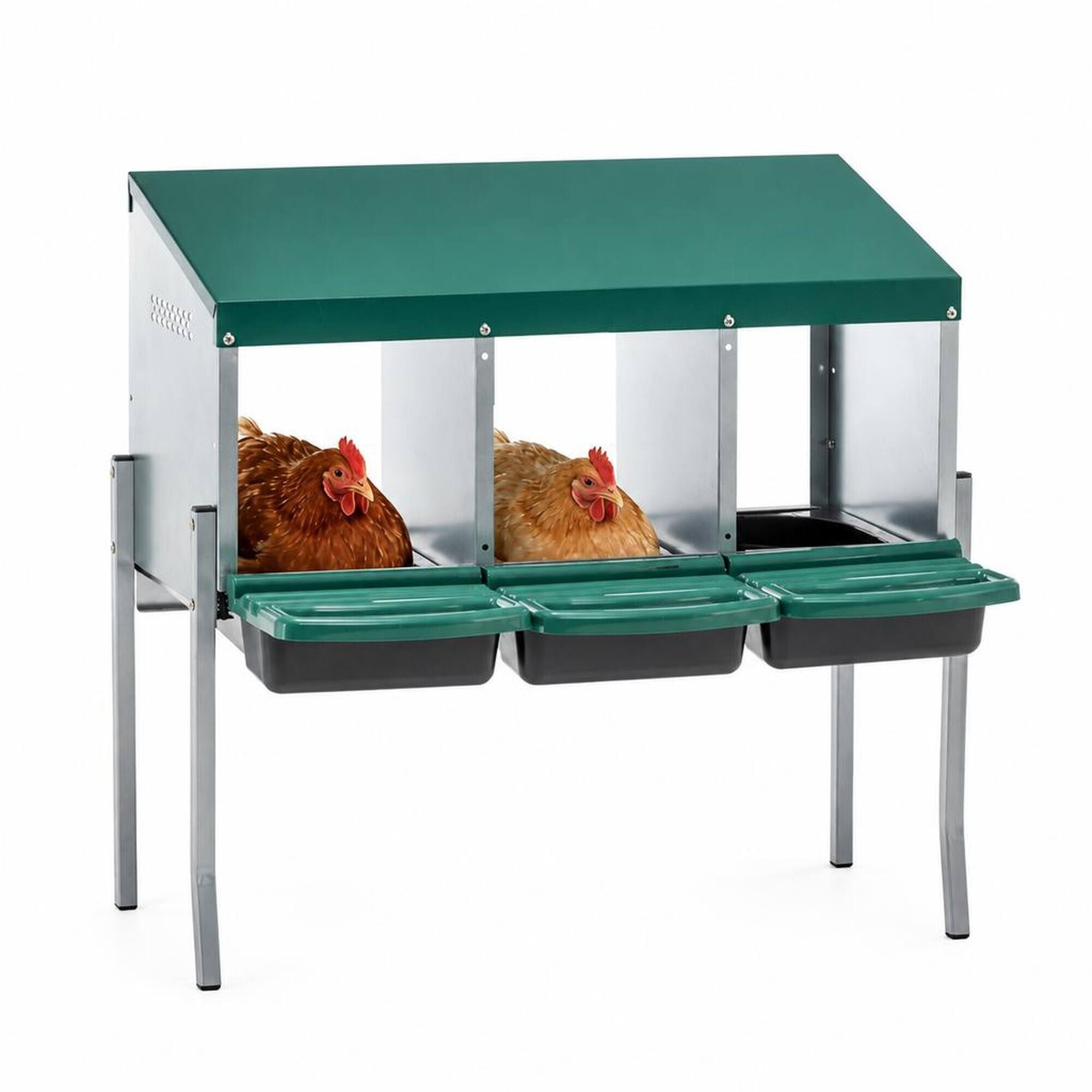 Front. RYHNUYNE - Chicken Nesting Boxes, 3 Compartment Laying Box, Galvanized Steel Frame, Roll-Away Egg Trays, Green.