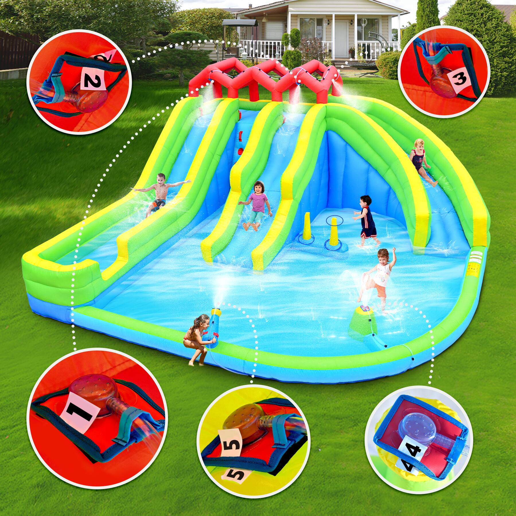 Alt View 1. Loheer - Loheer 7 in 1 Inflatable Water Park with Three Slides Blower Water Gun and Climbing Wall for Kids Backyard.