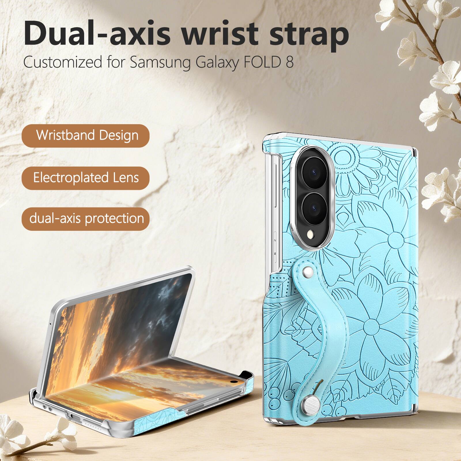 Dual-axis wrist strap  
Customized for Samsung Galaxy FOLD 8  

Wristband Design  
Electroplated Lens  
dual-axis protection